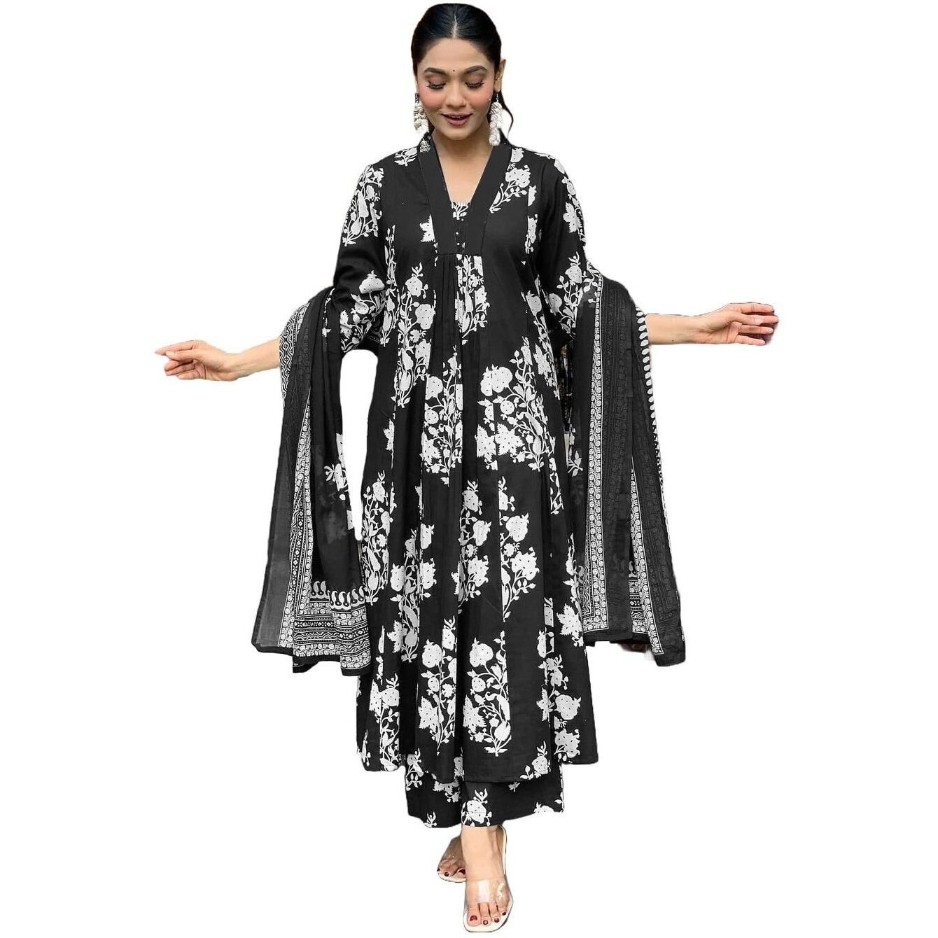 Gosriki Women's Rayon Viscose Anarkali Printed Kurta With Pant & Dupatta (Jasiwal Black-Gs_L_Black_Large)