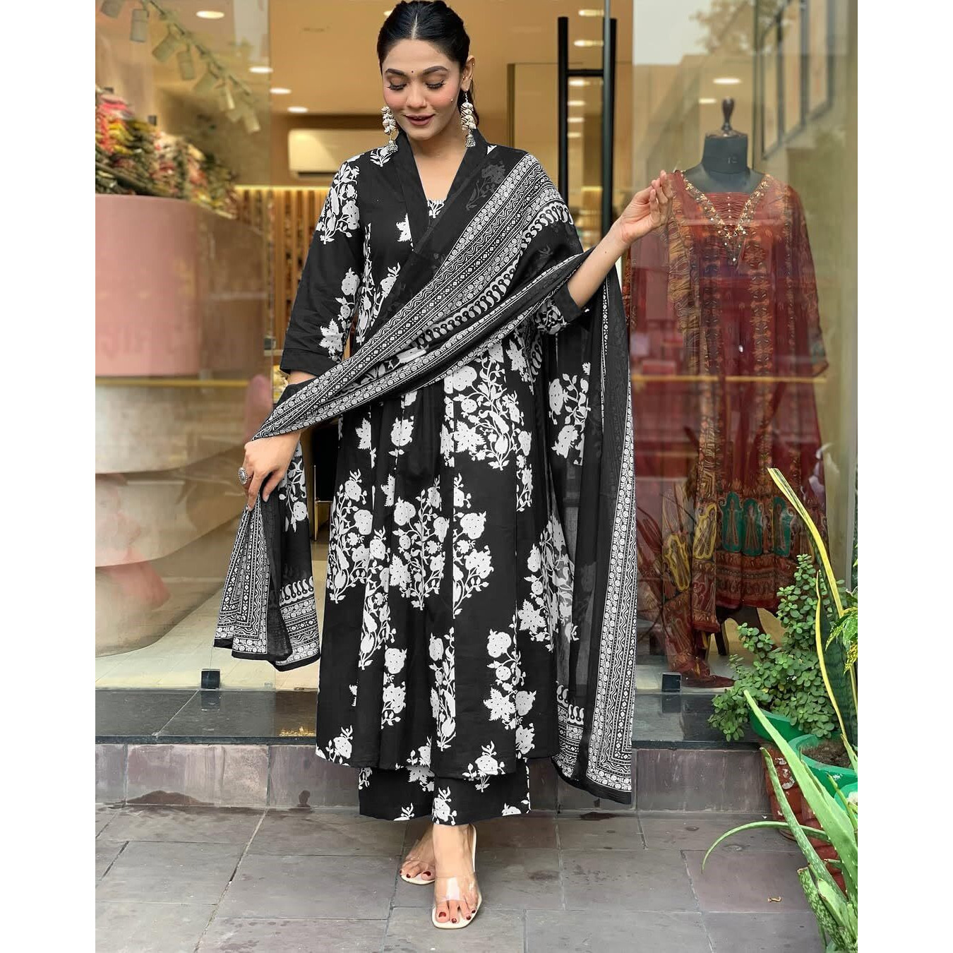 Gosriki Women's Rayon Viscose Anarkali Printed Kurta With Pant & Dupatta (Jasiwal Black-Gs_L_Black_Large)