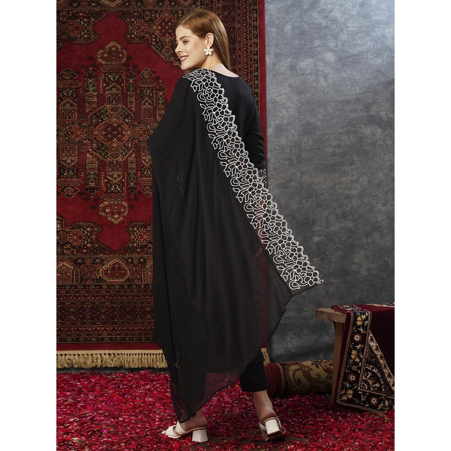 Gosriki Women's Rayon Blend Straight Embroidered Kurta With Pant & Dupatta (Trp Black-Jl-Gs_M_Black_Medium)