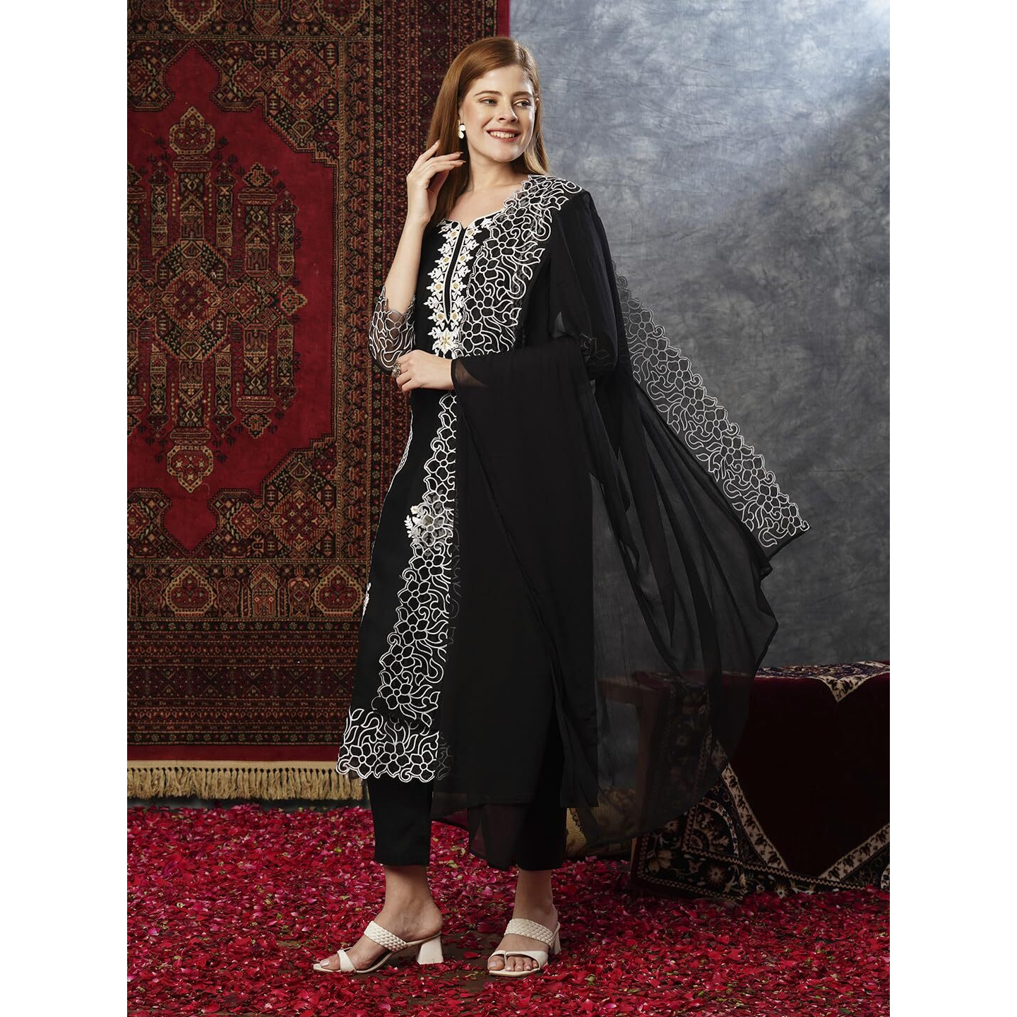 Gosriki Women's Rayon Blend Straight Embroidered Kurta With Pant & Dupatta (Trp Black-Jl-Gs_M_Black_Medium)