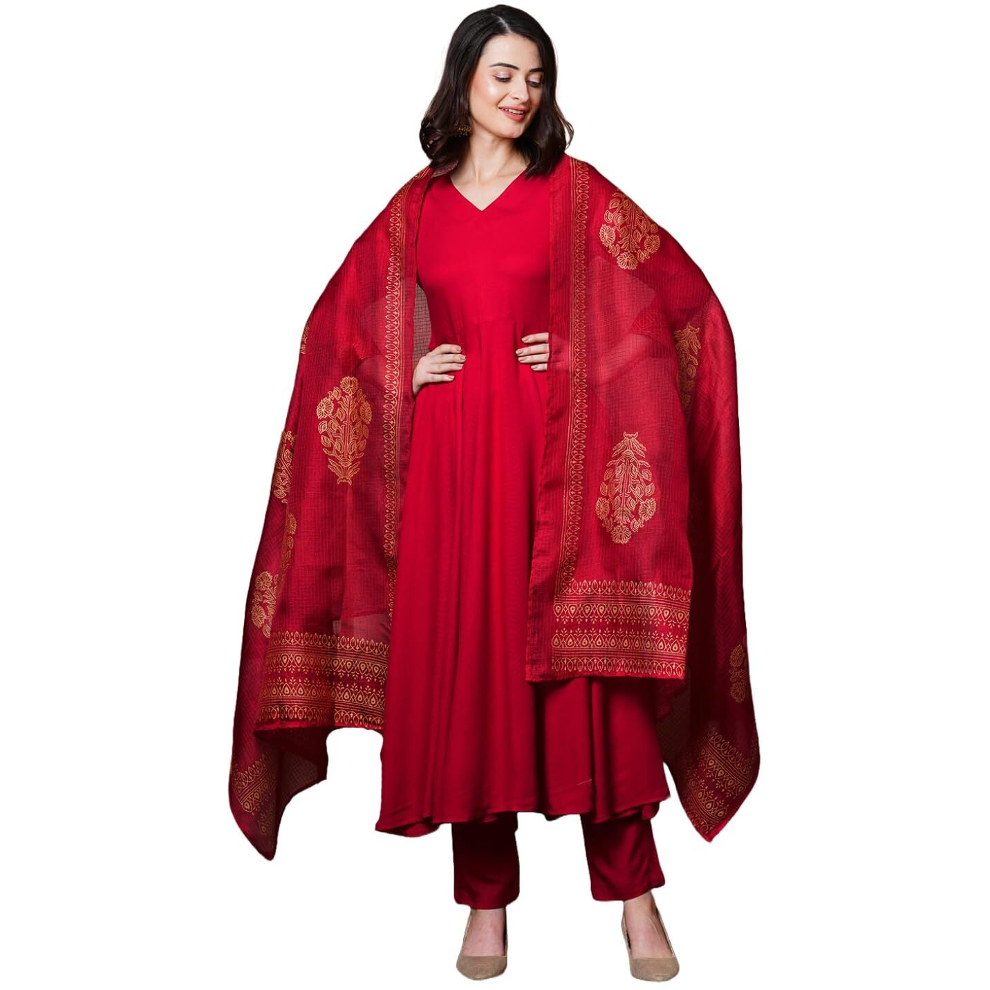 Gosriki Women's Rayon Blend Solid Anarkali Kurta With Pant & Dupatta (Magic-Red-Nb-Gs_4Xl_Red_Xxxx-Large)