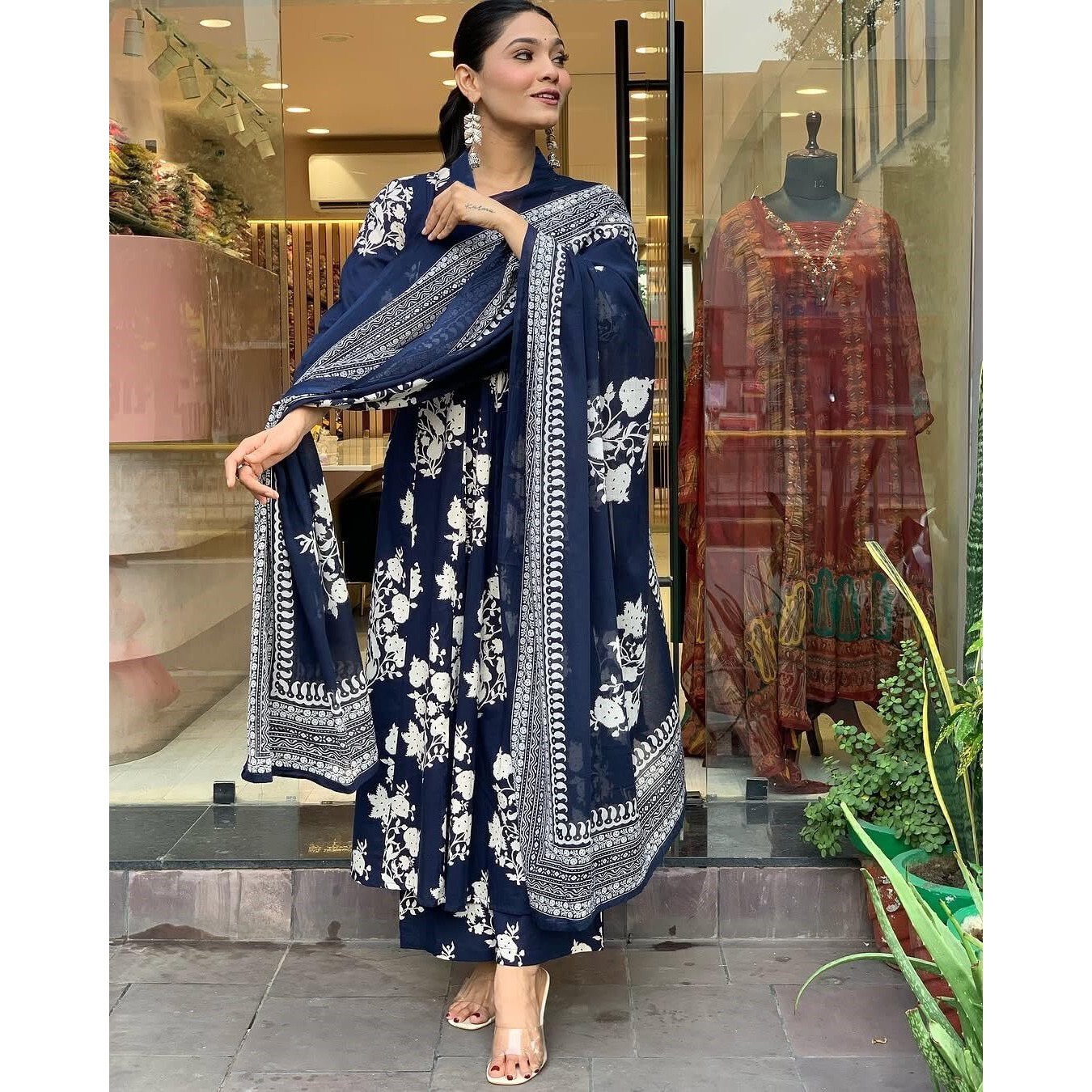 Gosriki Women's Rayon Blend Anarkali Printed Kurta With Pant & Dupatta (Jasiwal Blue-Gs_Xxl_Blue_Xx-Large)