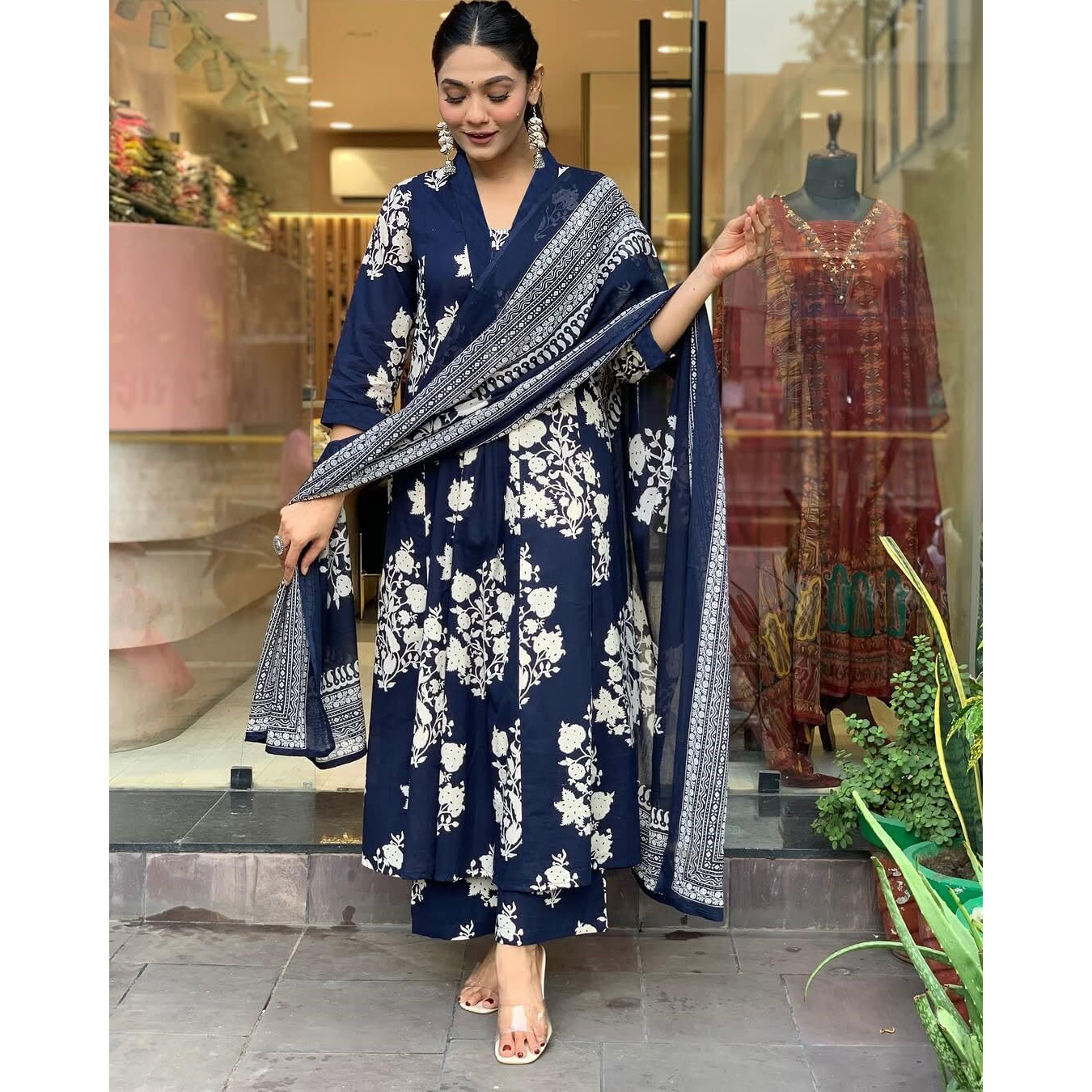 Gosriki Women's Rayon Blend Anarkali Printed Kurta With Pant & Dupatta (Jasiwal Blue-Gs_Xxl_Blue_Xx-Large)