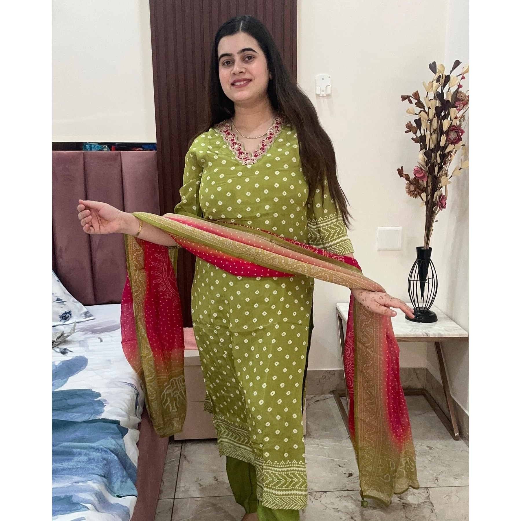 Gosriki Women's Rayon Viscose Printed Straight Kurta With Pant & Dupatta (Subhi Mehandi-Gs_S_Mehandi_Small)