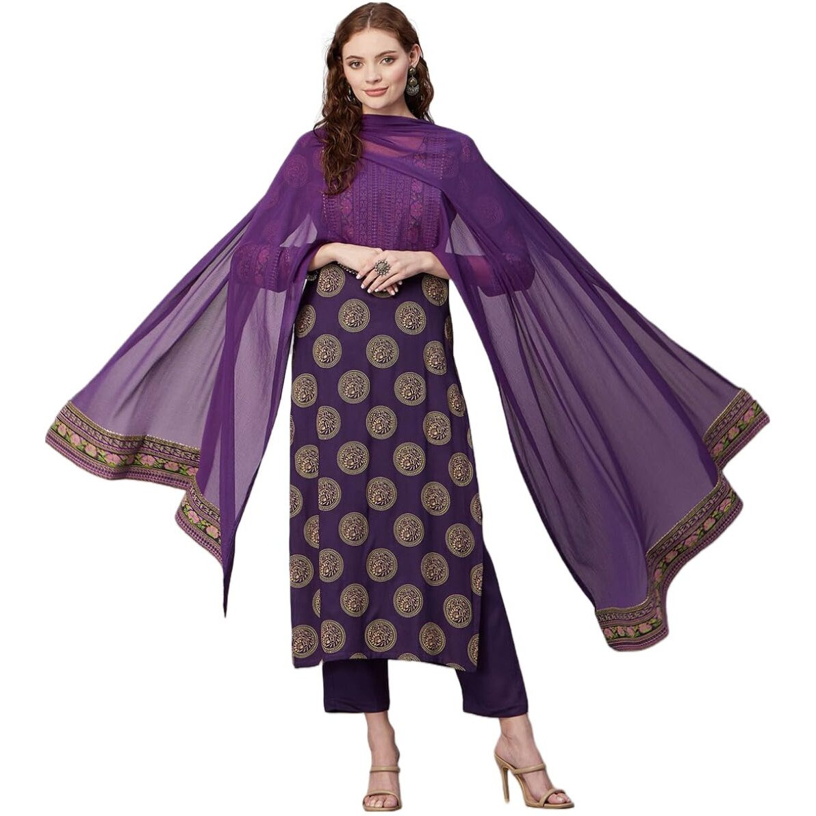 Gosriki Women's Cotton Blend Printed Straight Kurta With Pant & Dupatta (Nov-Violet-Gs_S_Violet_Small)