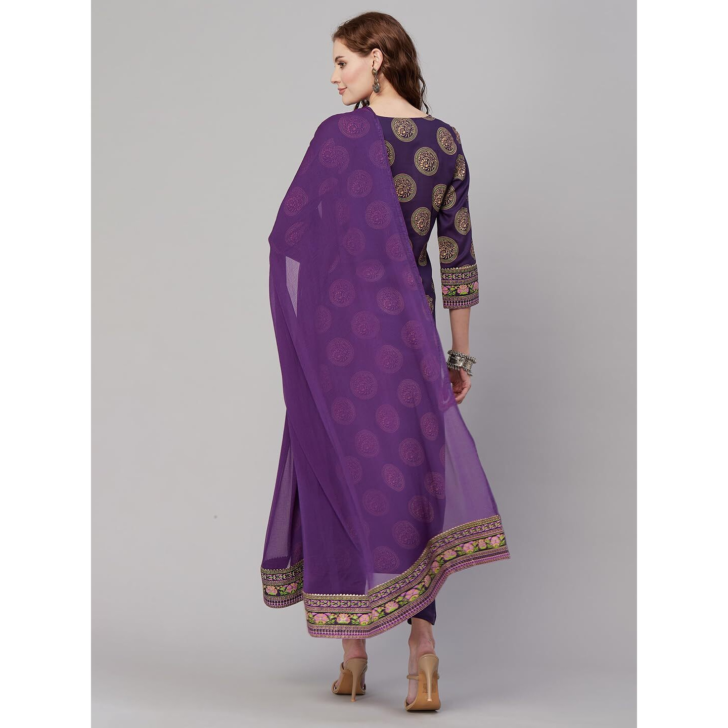 Gosriki Women's Cotton Blend Printed Straight Kurta With Pant & Dupatta (Nov-Violet-Gs_S_Violet_Small)
