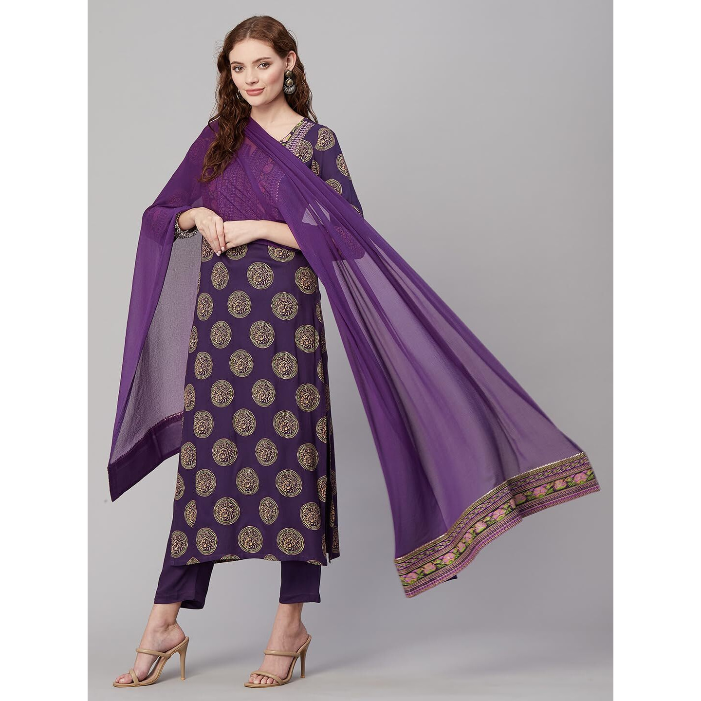 Gosriki Women's Cotton Blend Printed Straight Kurta With Pant & Dupatta (Nov-Violet-Gs_S_Violet_Small)