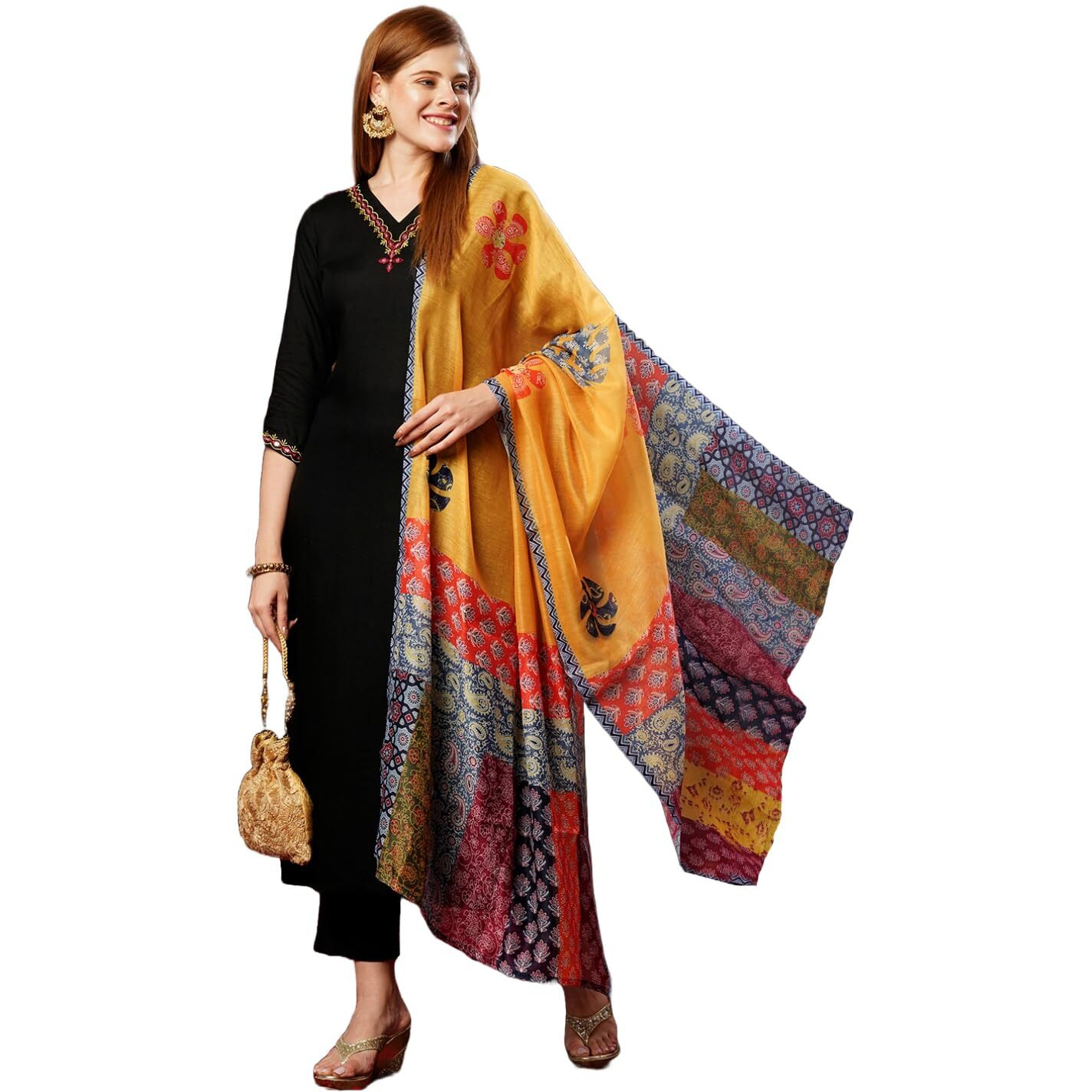 Gosriki Women's Cotton Blend Embroidered Straight Kurta With Pant & Dupatta (Fronx Black-Jl-Gs_M_Black_Medium)