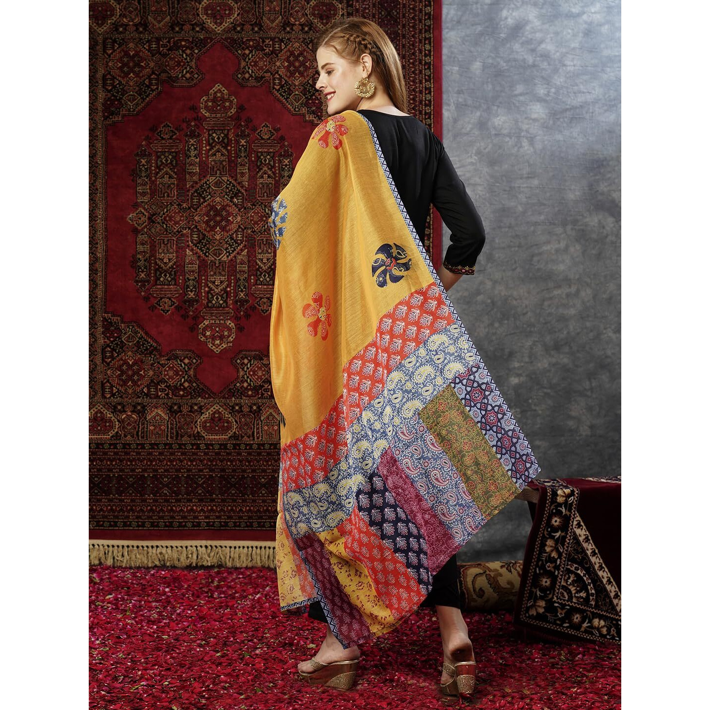 Gosriki Women's Cotton Blend Embroidered Straight Kurta With Pant & Dupatta (Fronx Black-Jl-Gs_M_Black_Medium)