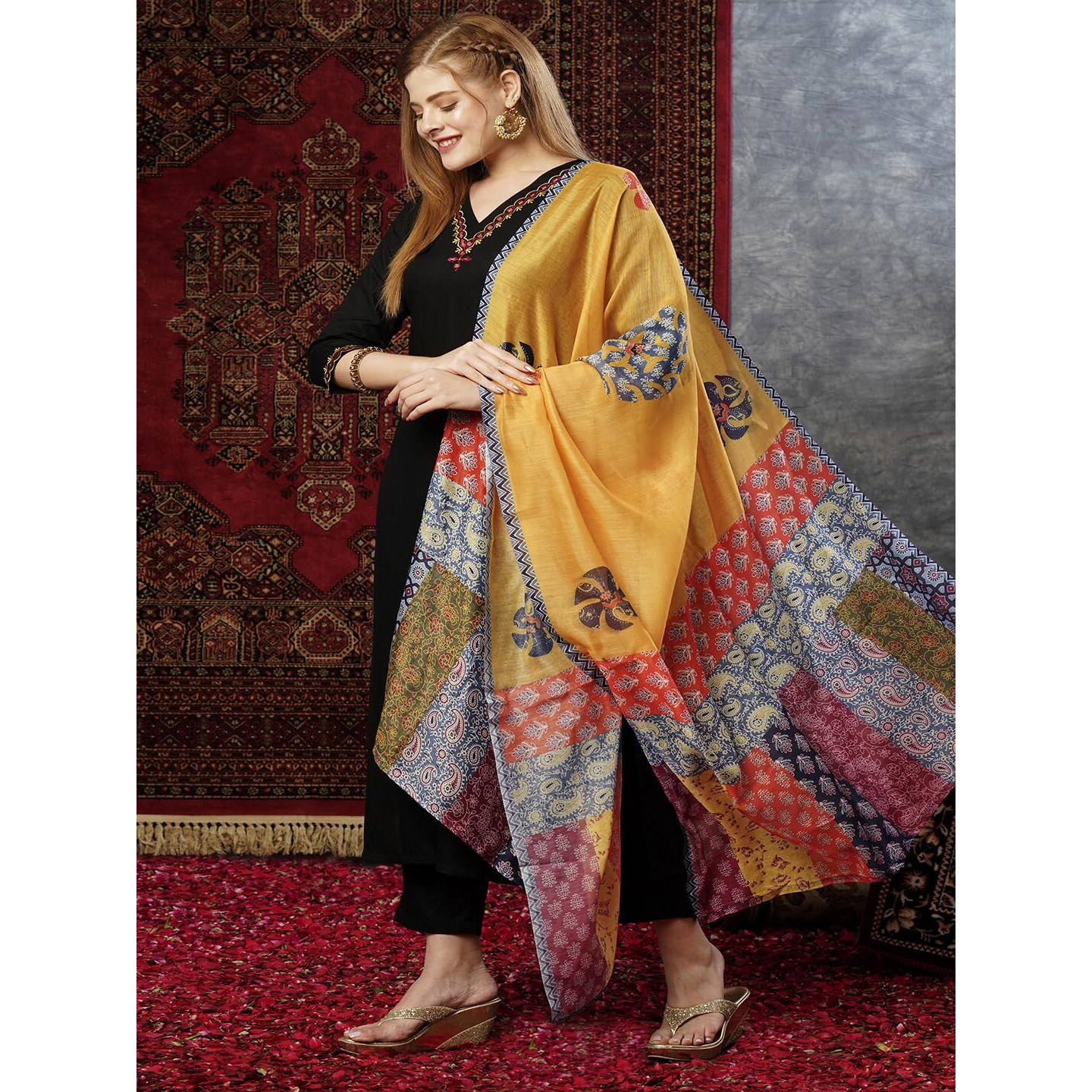 Gosriki Women's Cotton Blend Embroidered Straight Kurta With Pant & Dupatta (Fronx Black-Jl-Gs_M_Black_Medium)