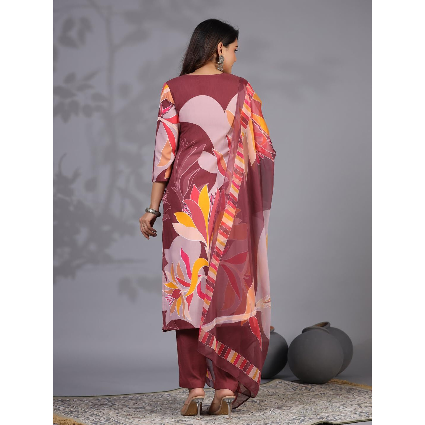 Gosriki Women's Rayon Blend Printed Straight Kurta With Pant & Dupatta (Khissu Wine-Gs_M_Wine_Medium)