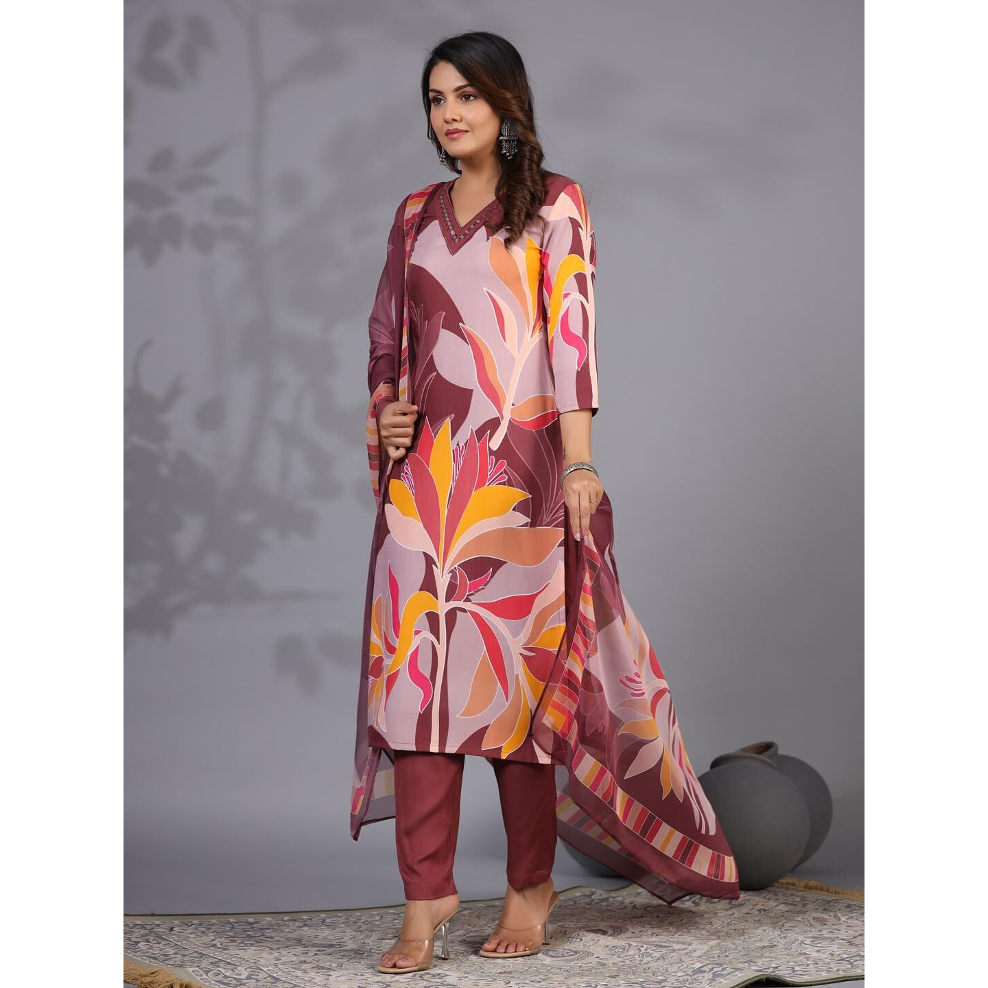 Gosriki Women's Rayon Blend Printed Straight Kurta With Pant & Dupatta (Khissu Wine-Gs_M_Wine_Medium)