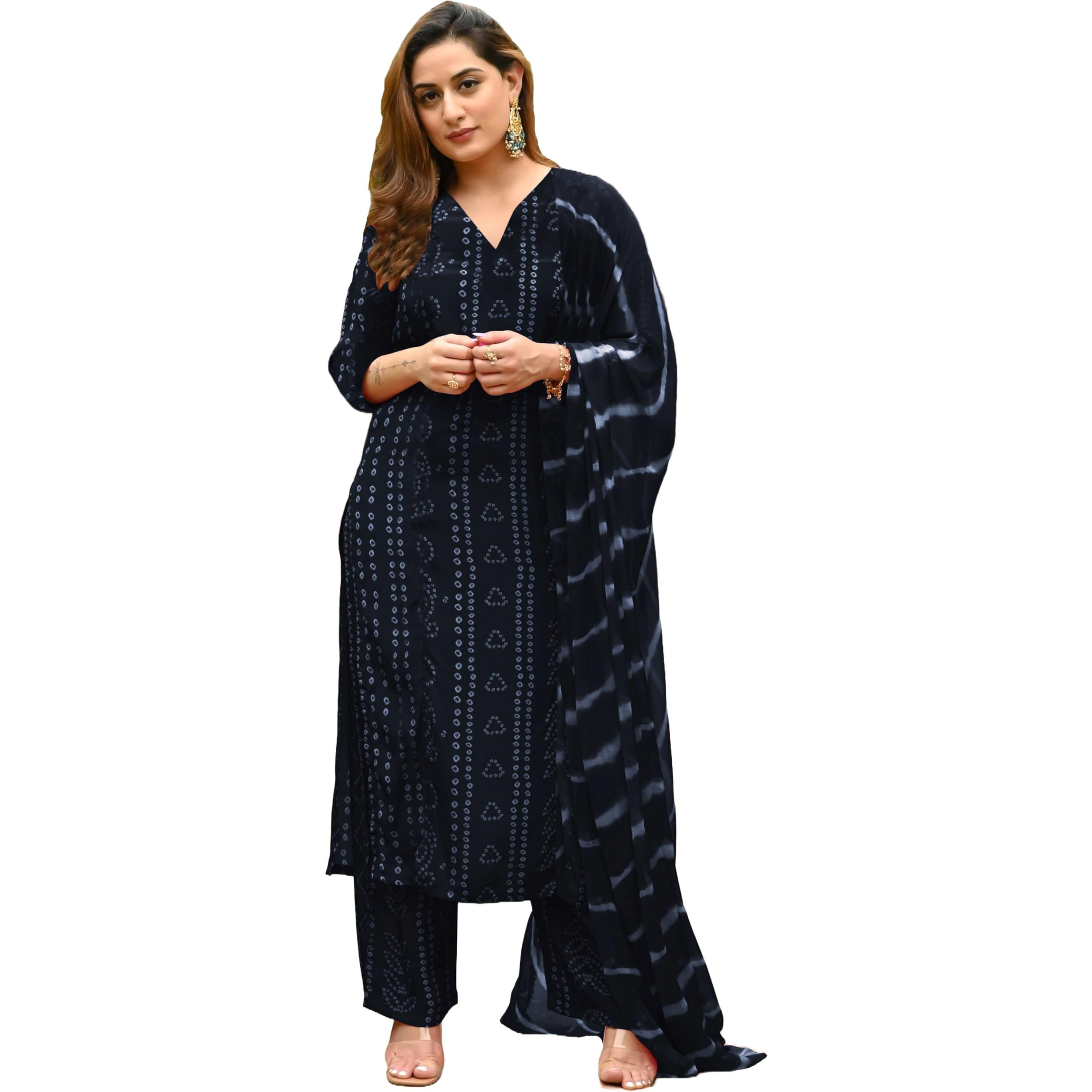 Gosriki Women's Rayon Blend Straight Bandhej Printed Kurta With Pant & Dupatta (Baghira Grey-Gs_Xxl_Grey_Xx-Large)
