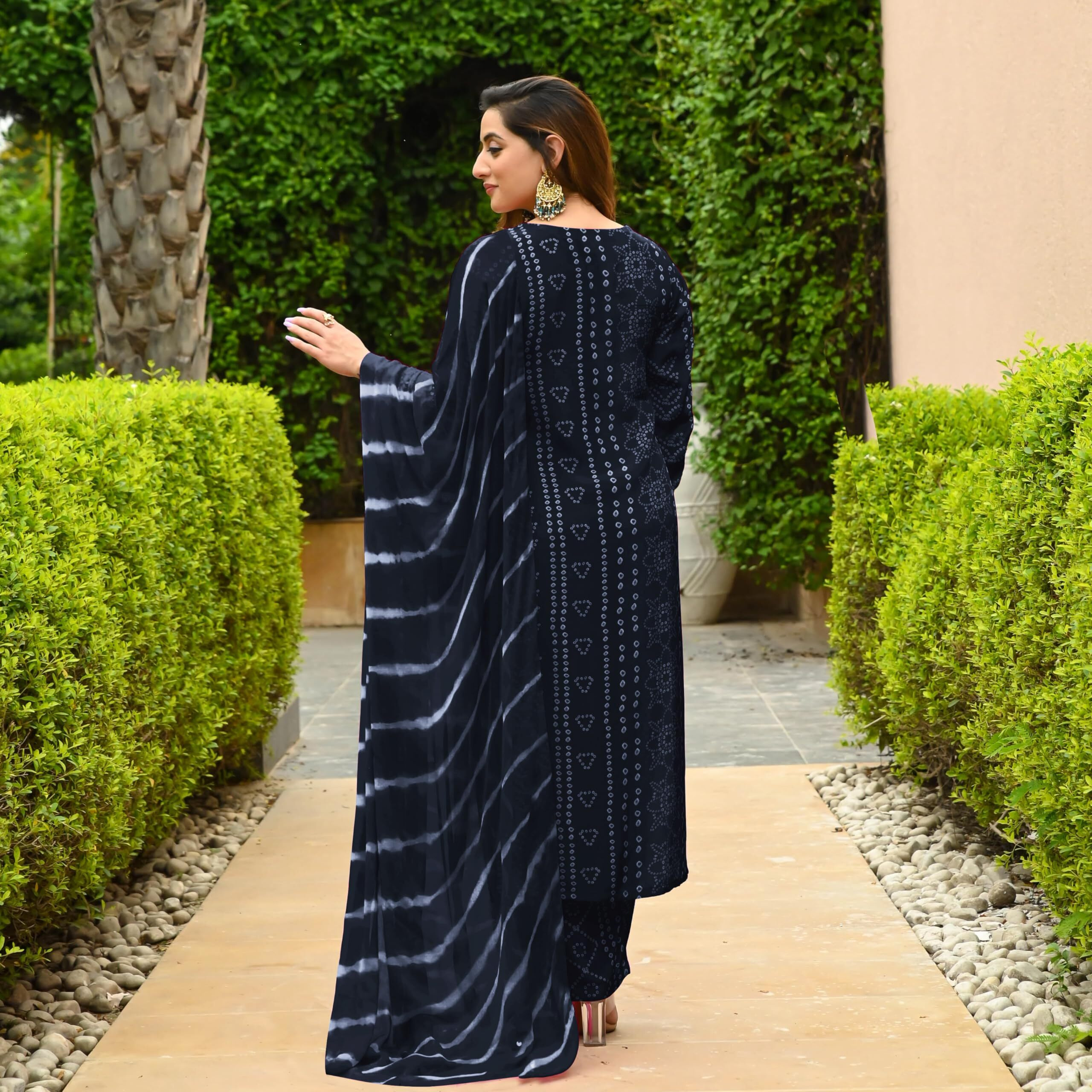 Gosriki Women's Rayon Blend Straight Bandhej Printed Kurta With Pant & Dupatta (Baghira Grey-Gs_L_Grey_Large)