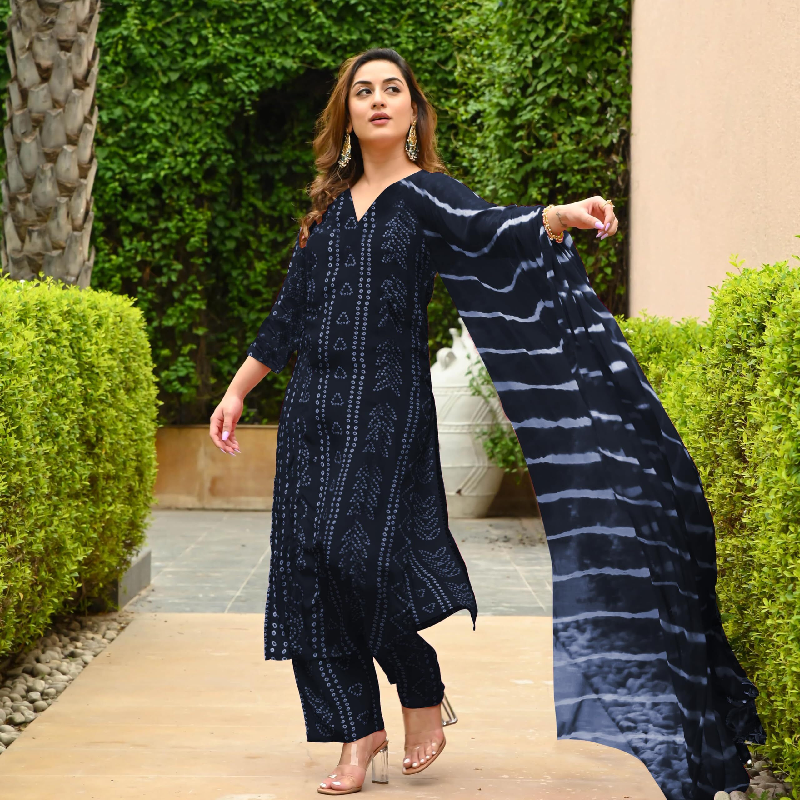 Gosriki Women's Rayon Blend Straight Bandhej Printed Kurta With Pant & Dupatta (Baghira Grey-Gs_L_Grey_Large)