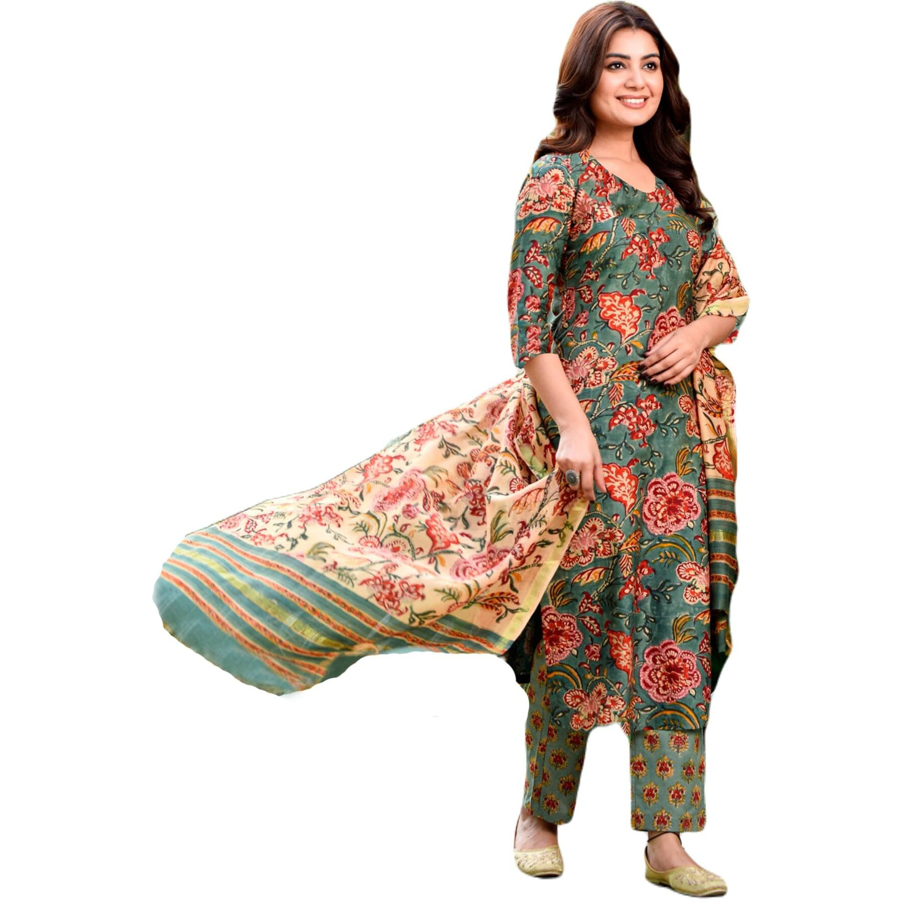 Gosriki Women's Rayon Blend Printed Straight Kurta With Pant & Dupatta (Fta Green-Nrk-Gs_M_Green_Medium)