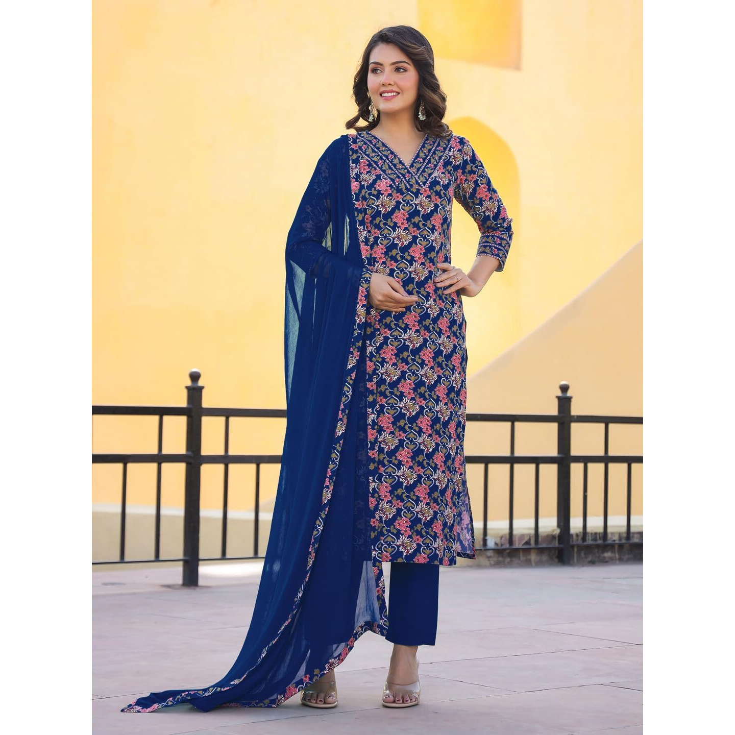 Gosriki Women's Rayon Blend Straight Printed Kurta With Pant & Dupatta (Shaniya Blue-Gs_S_Blue_Small)