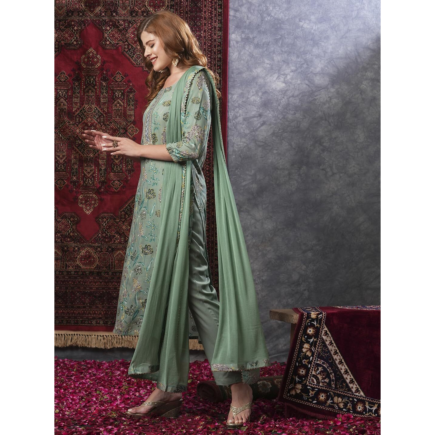 Gosriki Women's Rayon Blend Printed Straight Kurta With Pant & Dupatta (Vice Green-Vks02-Gs_S_Green_Small)