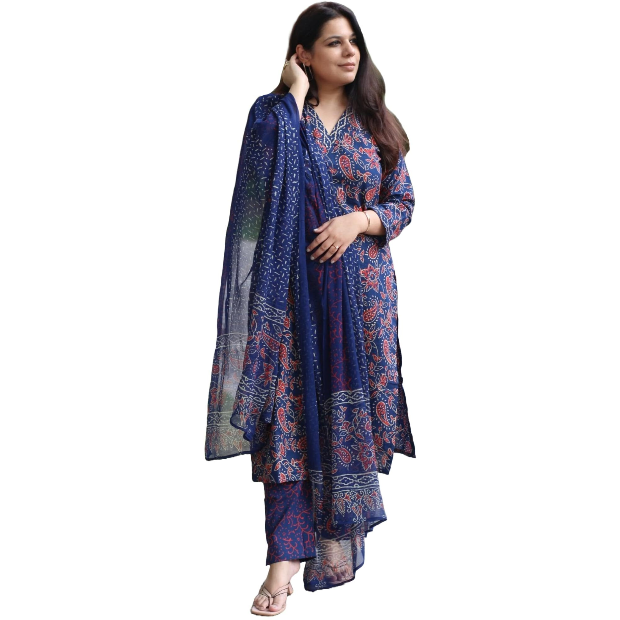 Gosriki Women's Rayon Viscose Straight Printed Kurta With Pant & Dupatta (Momos Blue-Gs_Xl_Blue_X-Large)