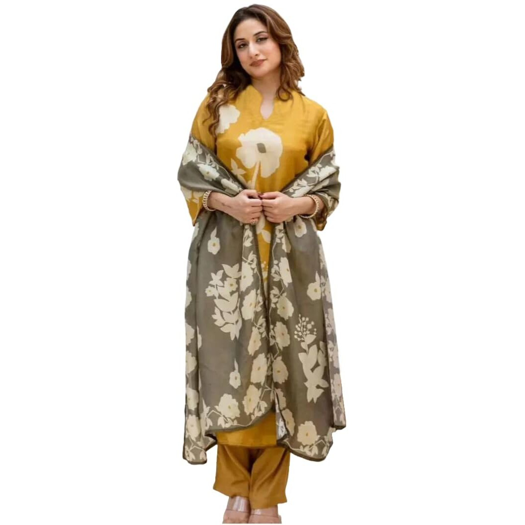 Gosriki Women's Rayon Viscose Printed Straight Kurta With Pant & Dupatta (Panuja Yellow-Gs_S_Yellow_Small)