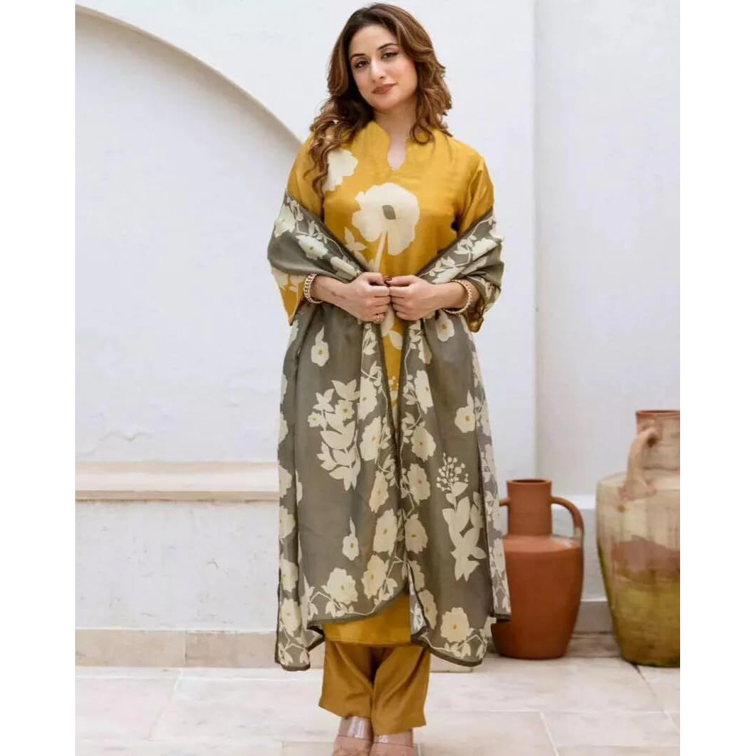 Gosriki Women's Rayon Viscose Printed Straight Kurta With Pant & Dupatta (Panuja Yellow-Gs_S_Yellow_Small)