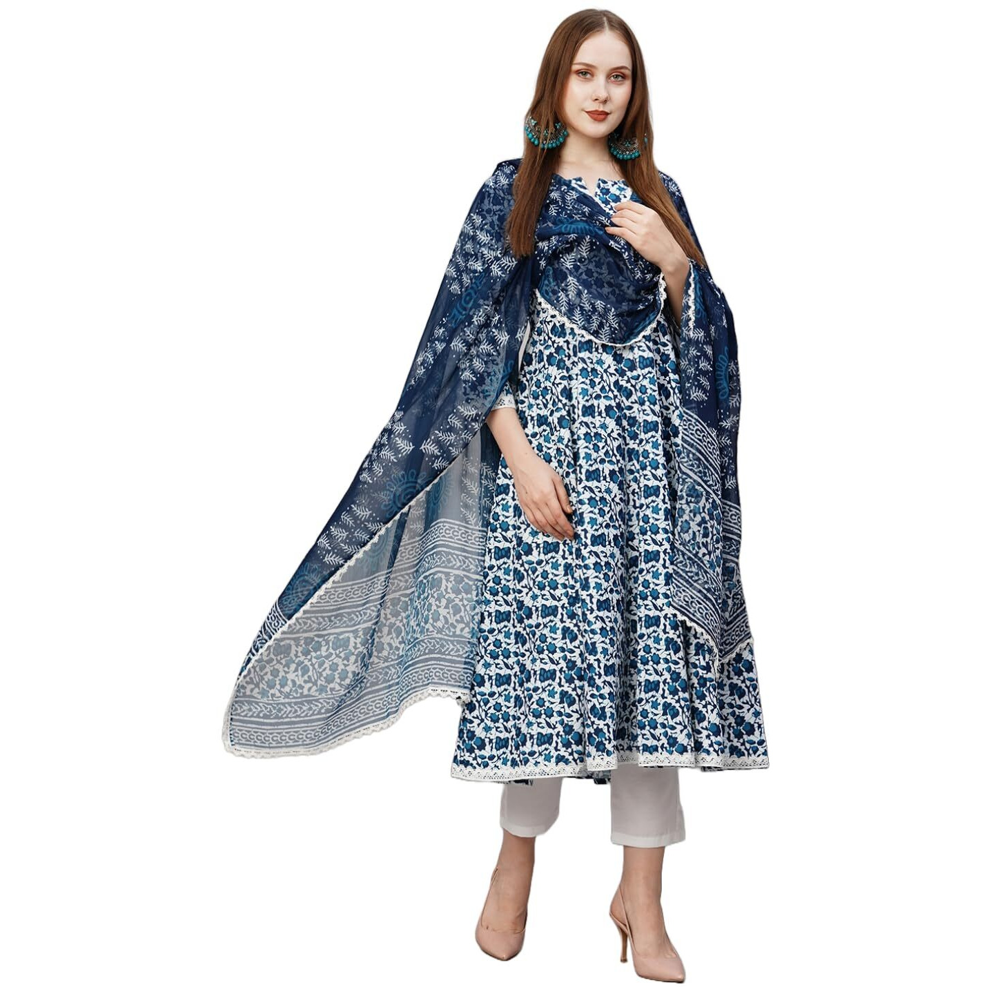 Gosriki Women's Cotton Blend Anarkali Printed Kurta With Pant & Dupatta (Yutika Blue-Nw-Gs_M_Blue_Medium)