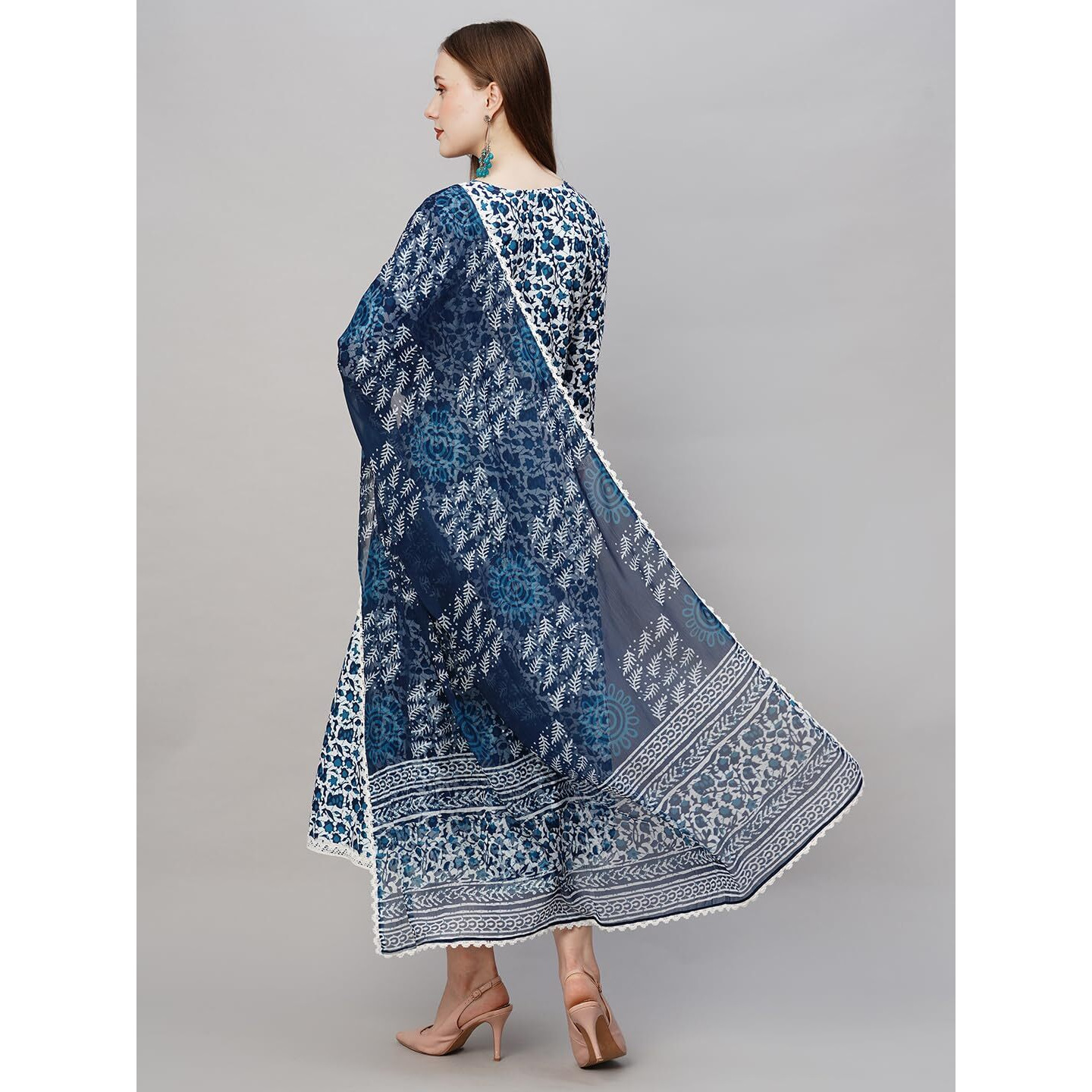 Gosriki Women's Cotton Blend Anarkali Printed Kurta With Pant & Dupatta (Yutika Blue-Nw-Gs_M_Blue_Medium)