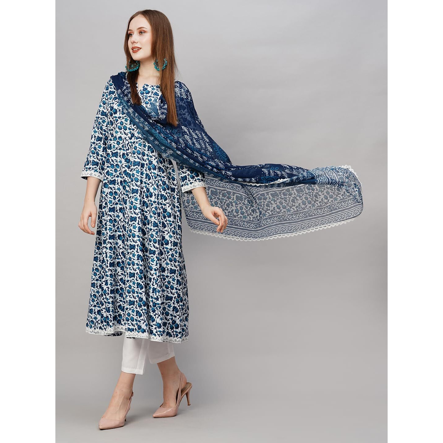 Gosriki Women's Cotton Blend Anarkali Printed Kurta With Pant & Dupatta (Yutika Blue-Nw-Gs_M_Blue_Medium)