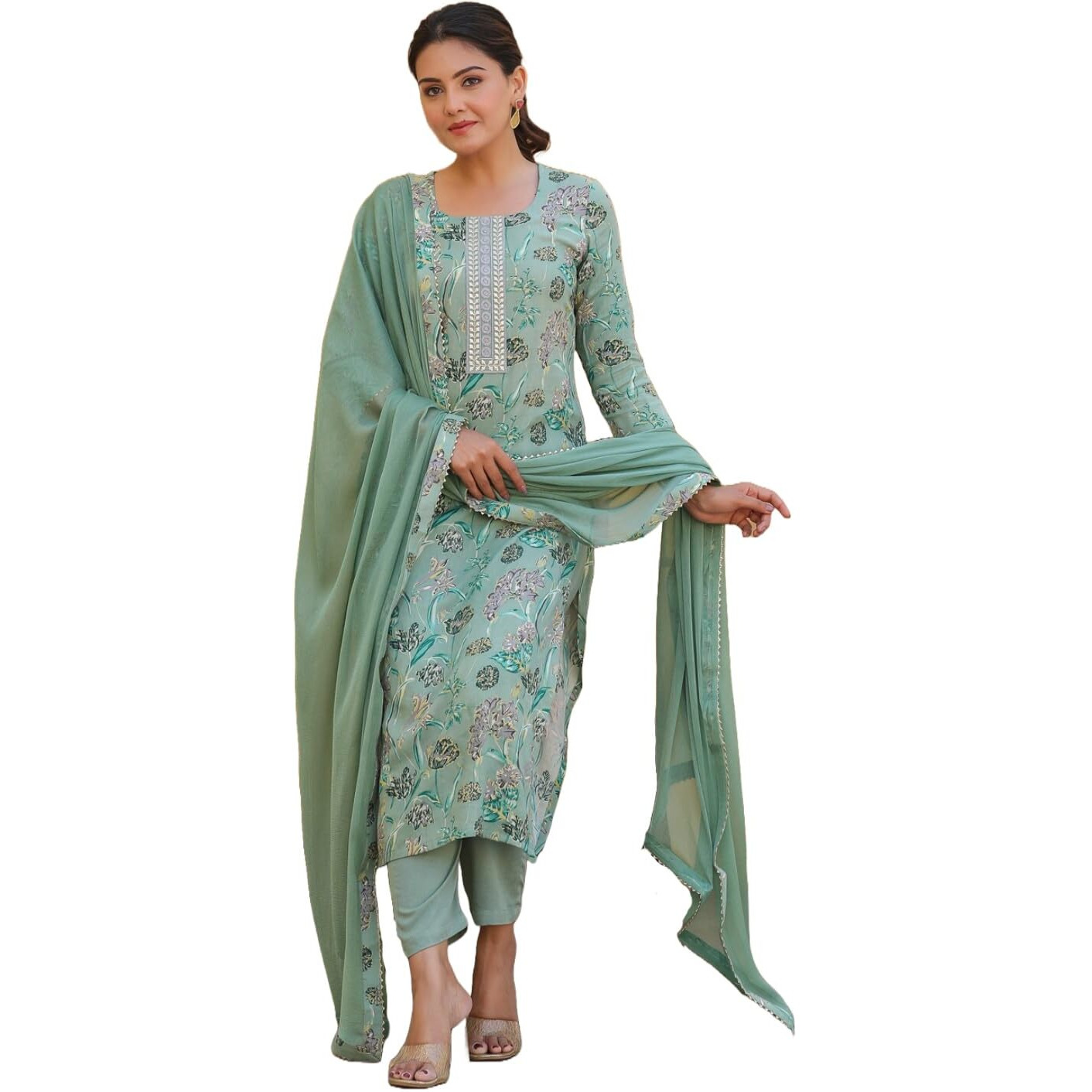 Gosriki Women's Rayon Blend Printed Straight Kurta With Pant & Dupatta (Vice Green-Gs_L_Green_Large)
