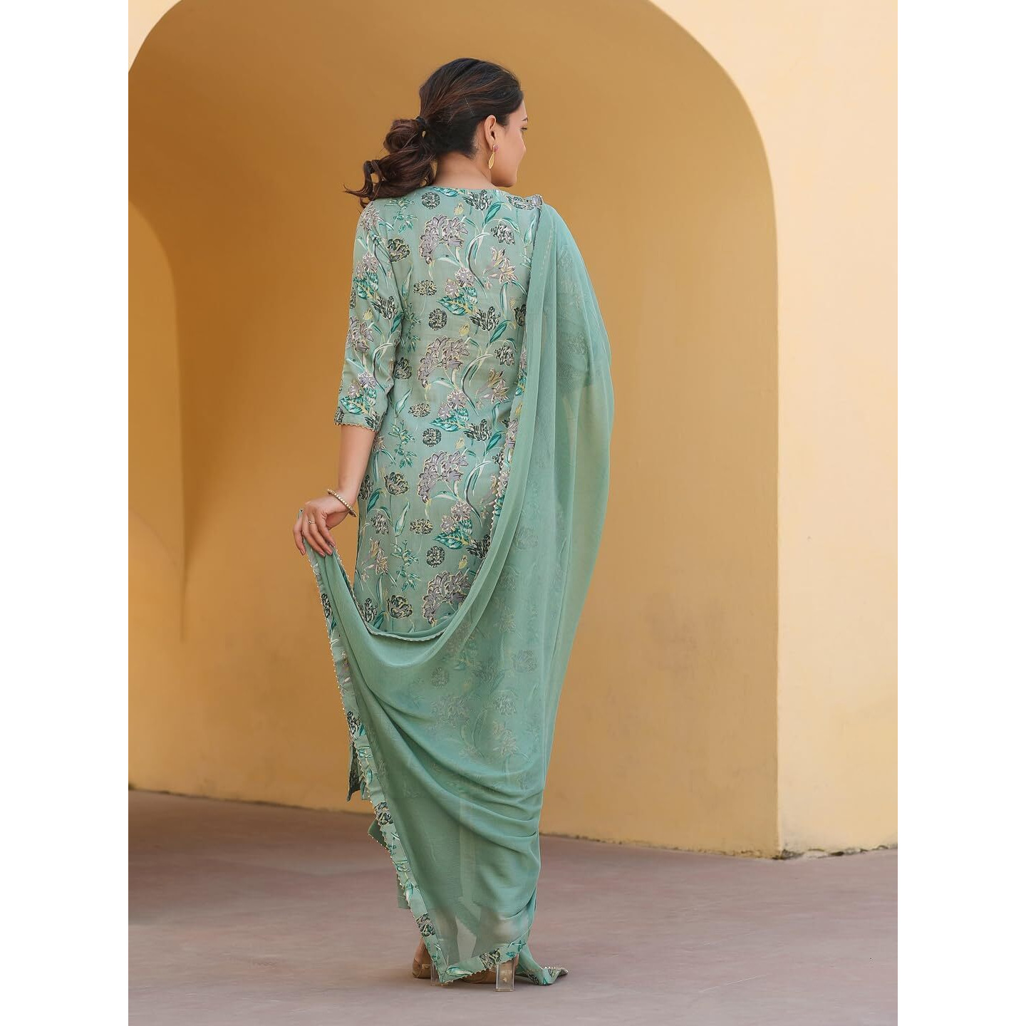 Gosriki Women's Rayon Blend Printed Straight Kurta With Pant & Dupatta (Vice Green-Gs_L_Green_Large)