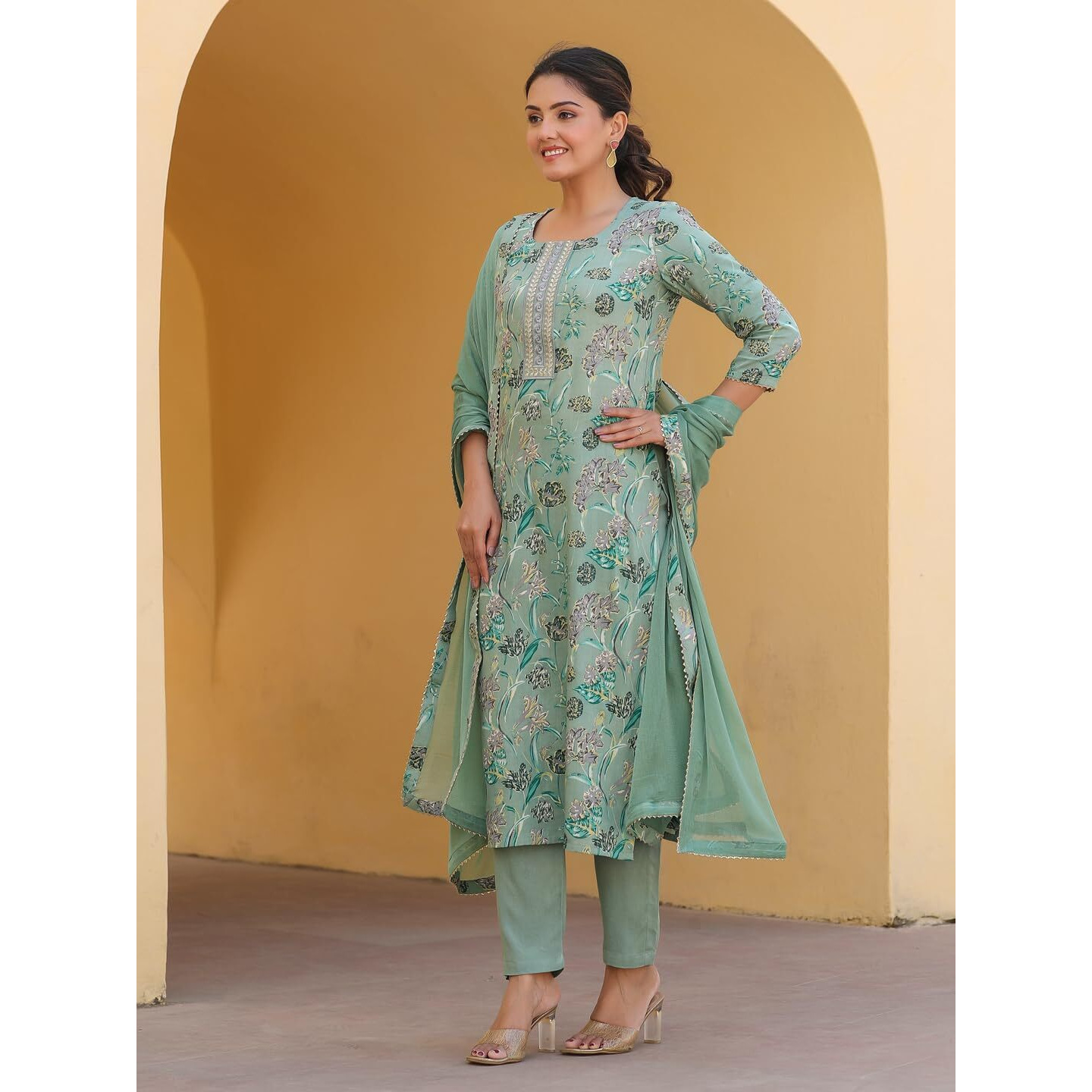 Gosriki Women's Rayon Blend Printed Straight Kurta With Pant & Dupatta (Vice Green-Gs_L_Green_Large)