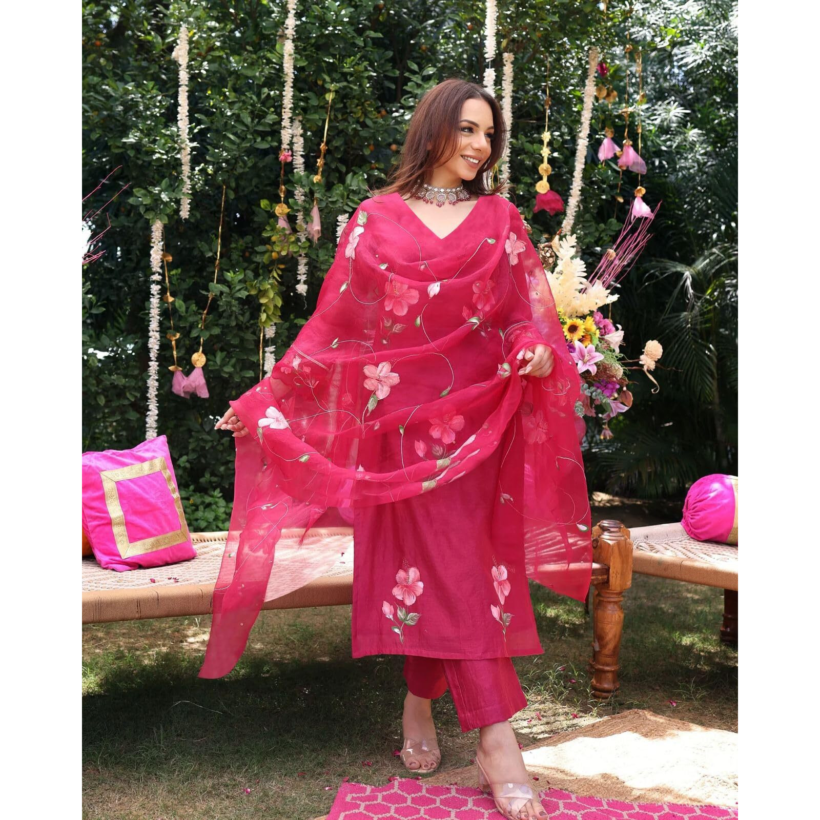 Gosriki Women's Rayon Blend Straight Printed Kurta With Pant & Dupatta (Roka Rani-Gs_S_Pink_Small)