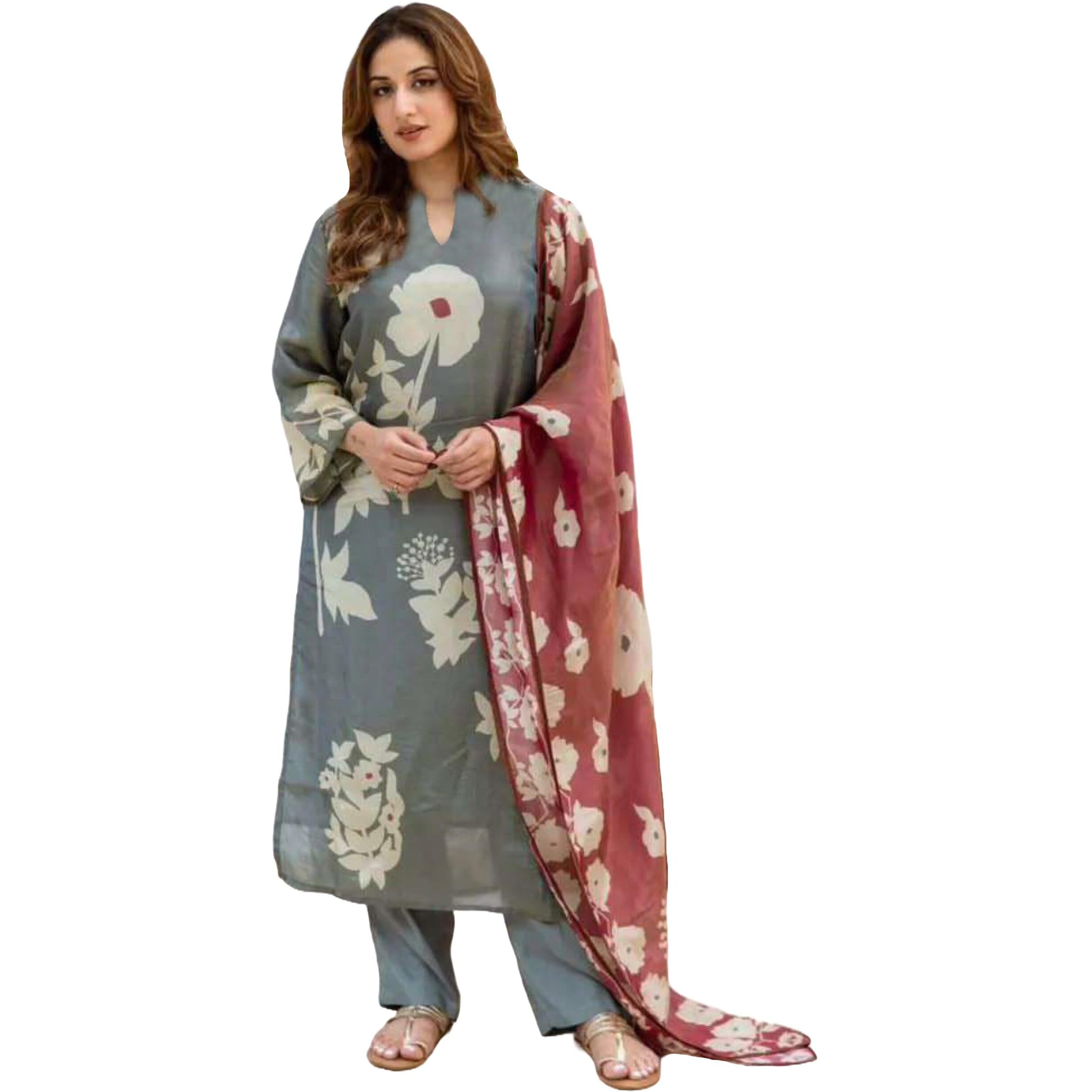 Gosriki Women's Rayon Viscose Printed Straight Kurta With Pant & Dupatta (Panuja Grey-Gs_Xl_Grey_X-Large)