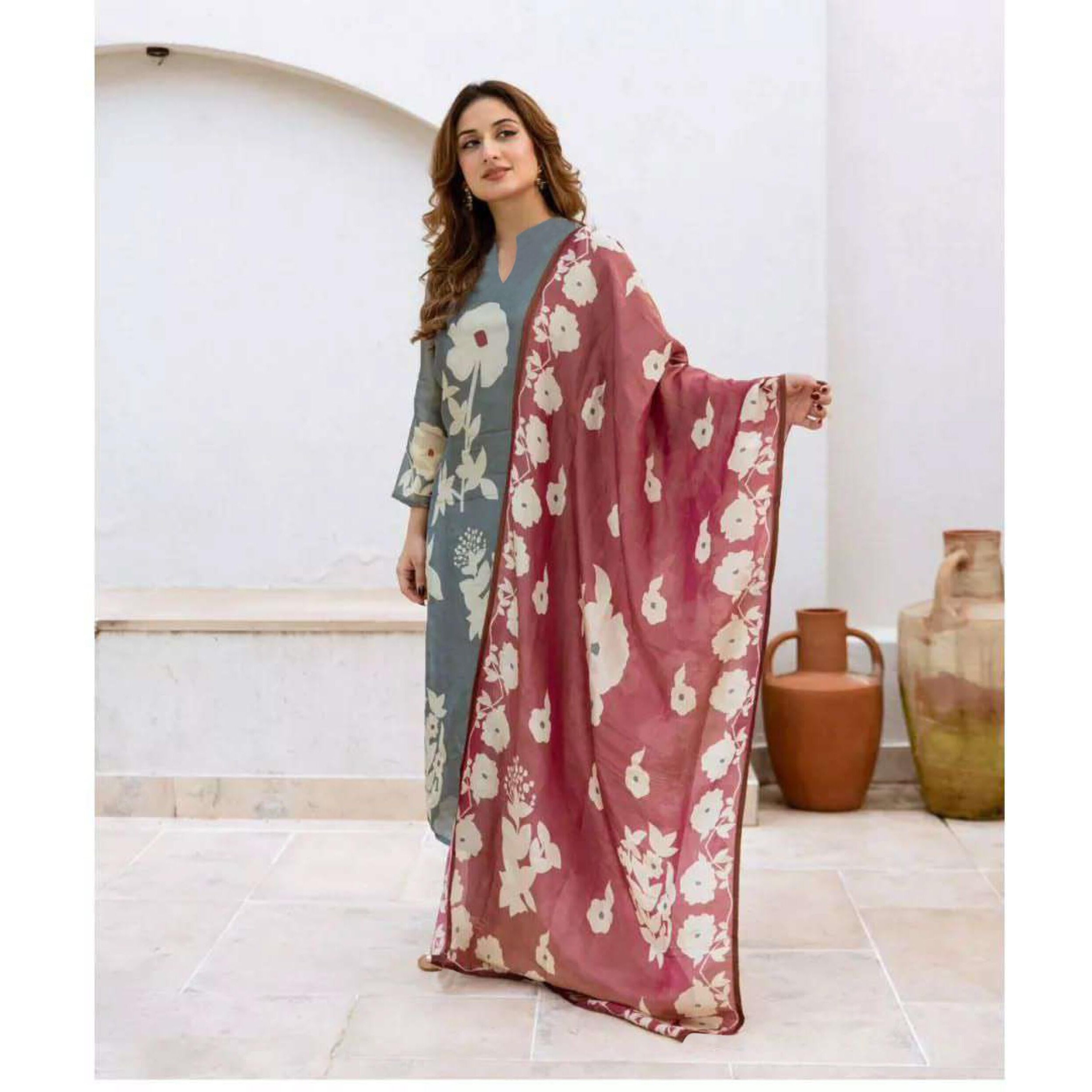 Gosriki Women's Rayon Viscose Printed Straight Kurta With Pant & Dupatta (Panuja Grey-Gs_Xl_Grey_X-Large)