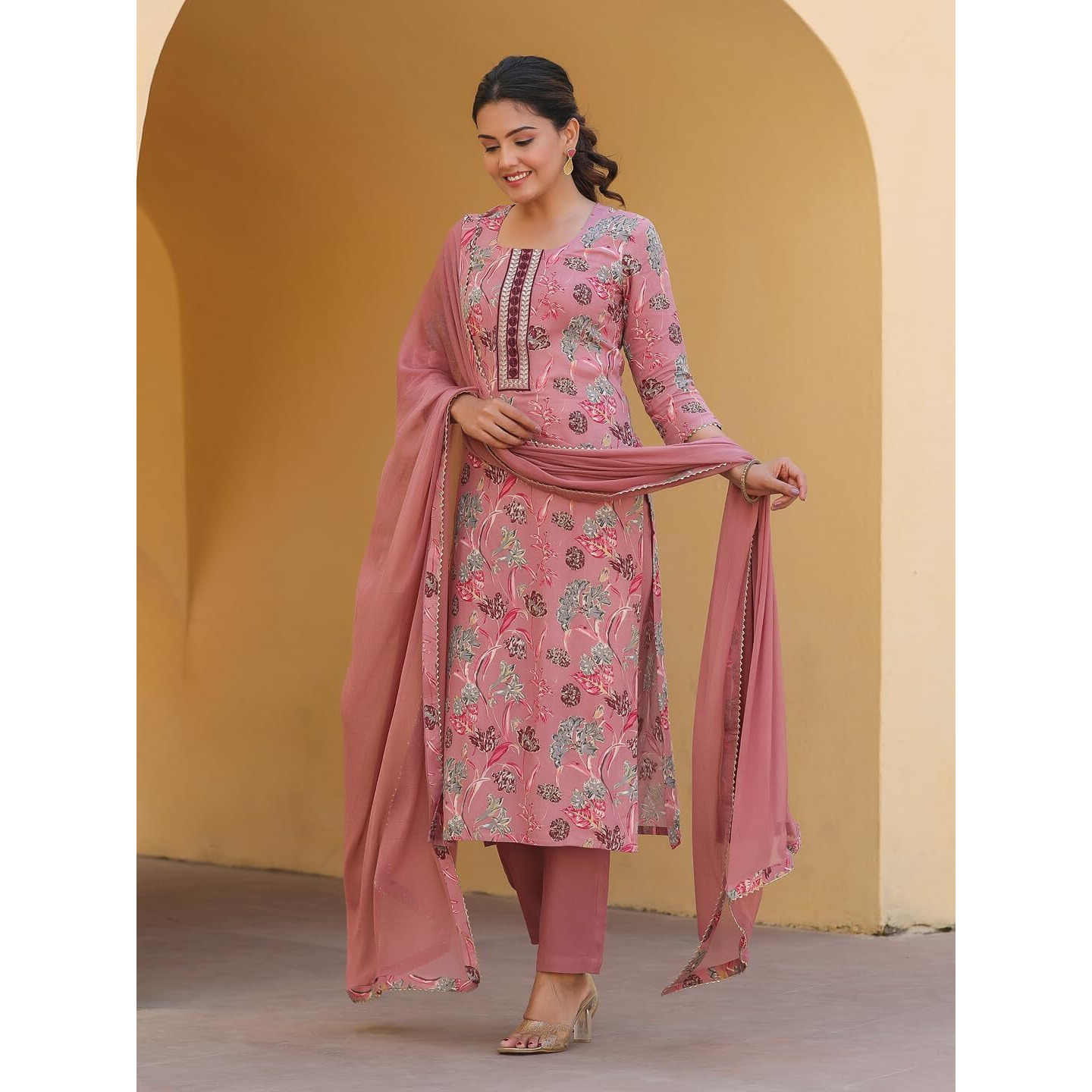 Gosriki Women's Rayon Blend Printed Straight Kurta With Pant & Dupatta (Vice Peach-Gs_Xl_Peach_X-Large)