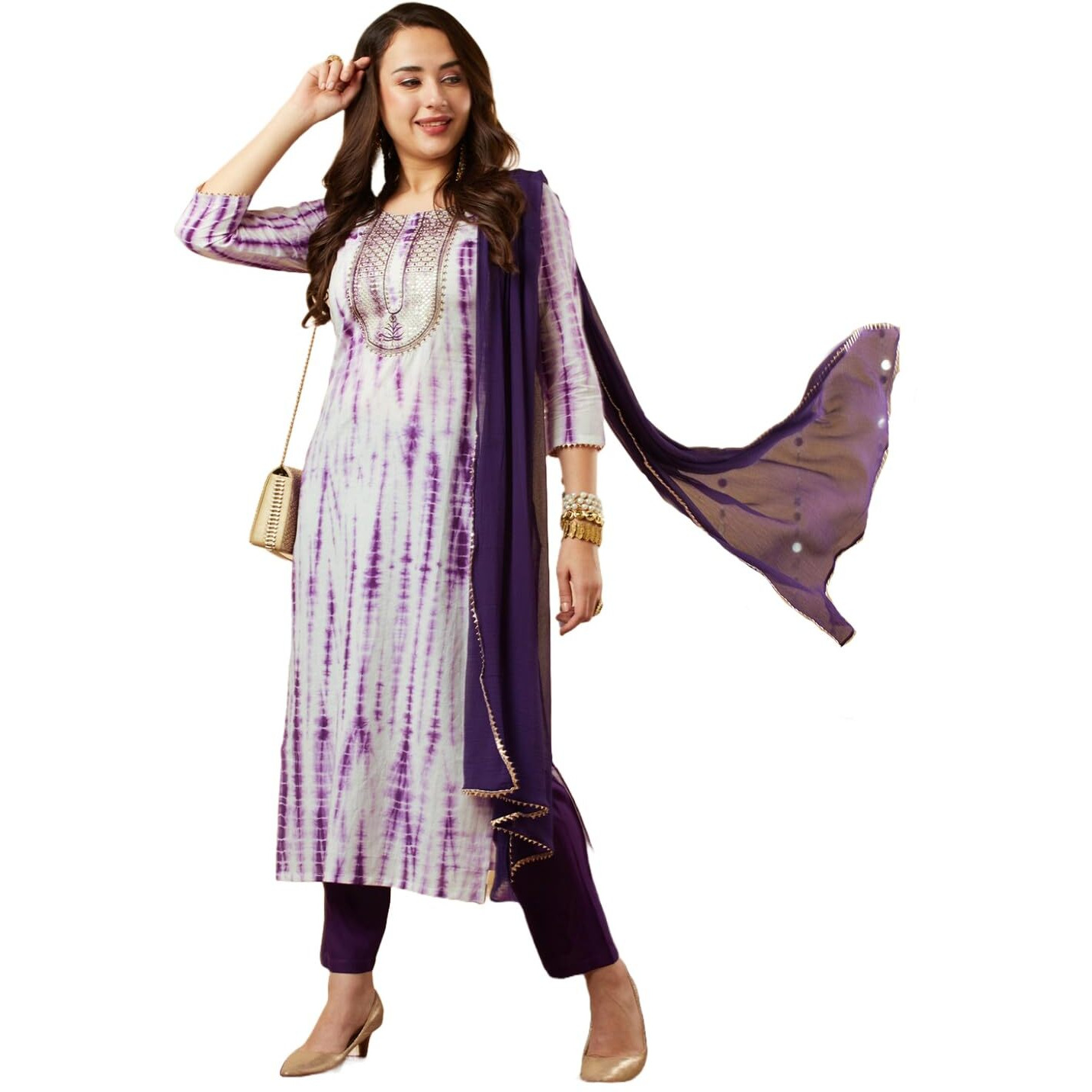 Gosriki Women's Rayon Blend Straight Printed Kurta With Pant & Dupatta (Tiedye-Begani-Gs_S_Violet_Small)