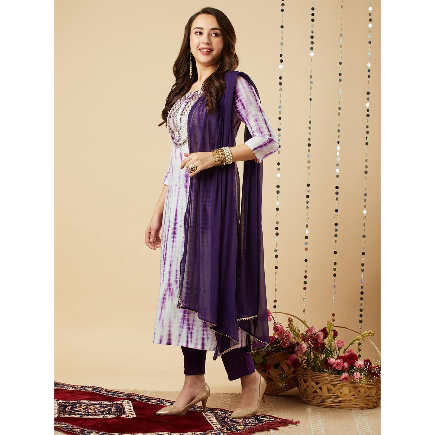 Gosriki Women's Rayon Blend Straight Printed Kurta With Pant & Dupatta (Tiedye-Begani-Gs_S_Violet_Small)