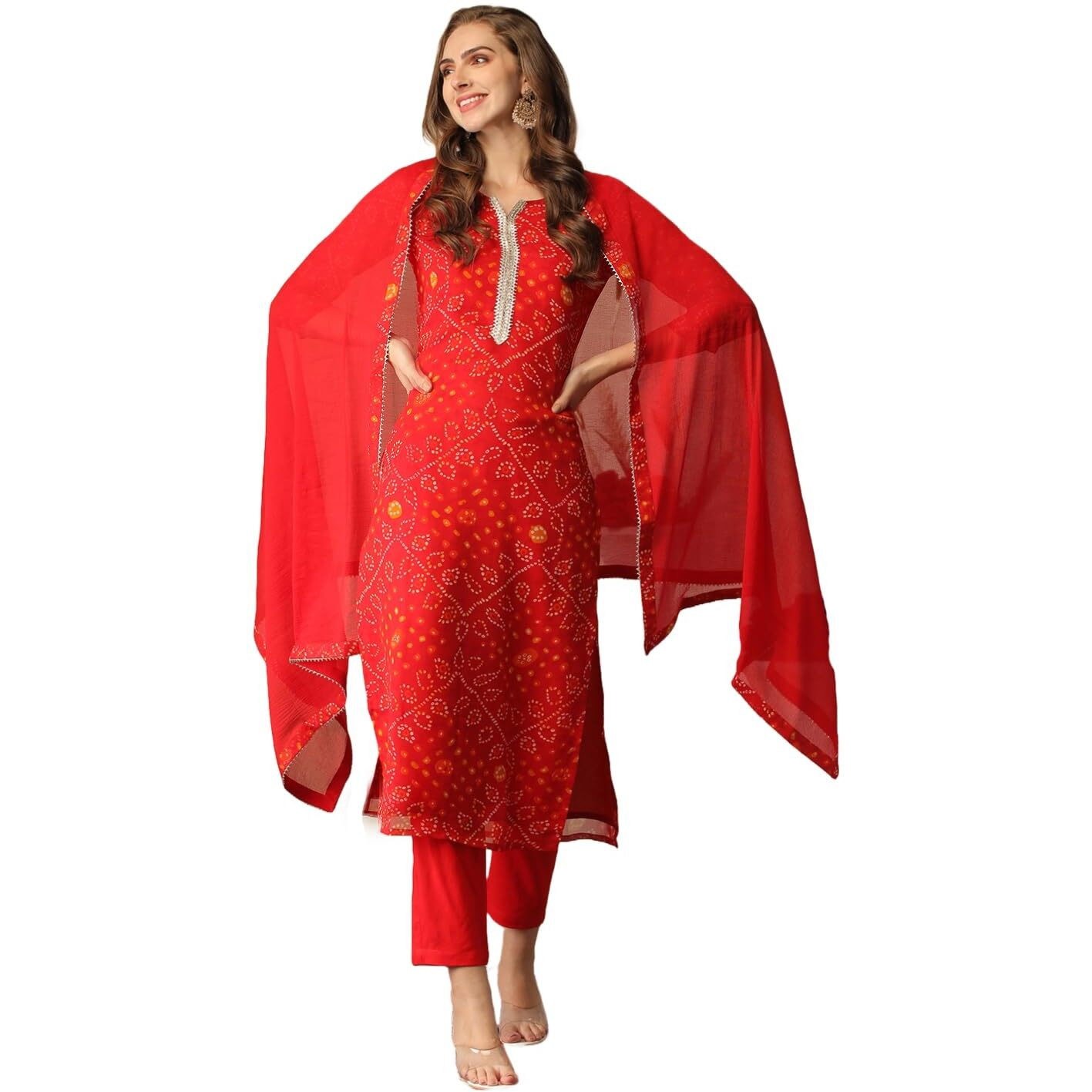 Gosriki Women's Cotton Blend Bandhani Printed Straight Kurta With Pant & Dupatta (Turae-Red-Nw-Gs_M_Red_Medium)