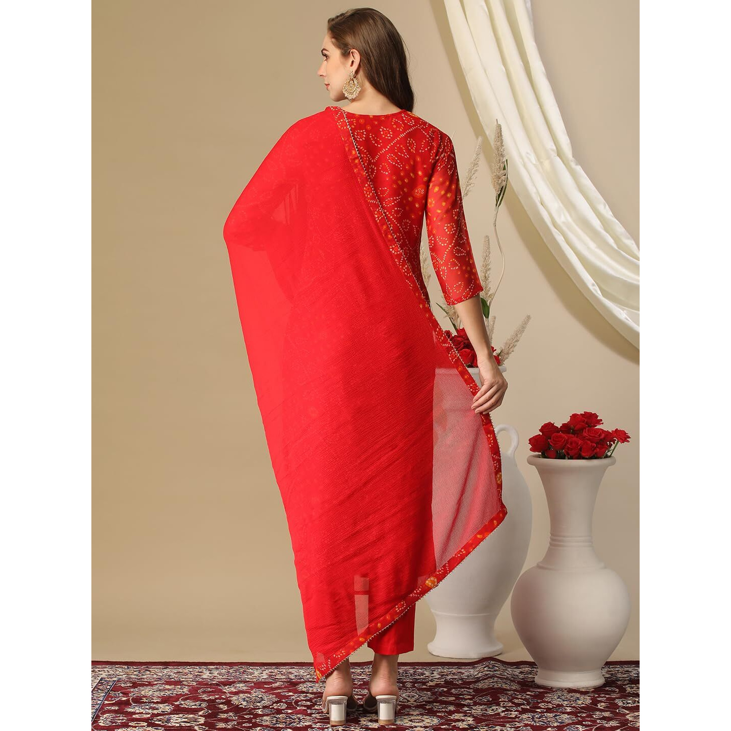 Gosriki Women's Cotton Blend Bandhani Printed Straight Kurta With Pant & Dupatta (Turae-Red-Nw-Gs_M_Red_Medium)