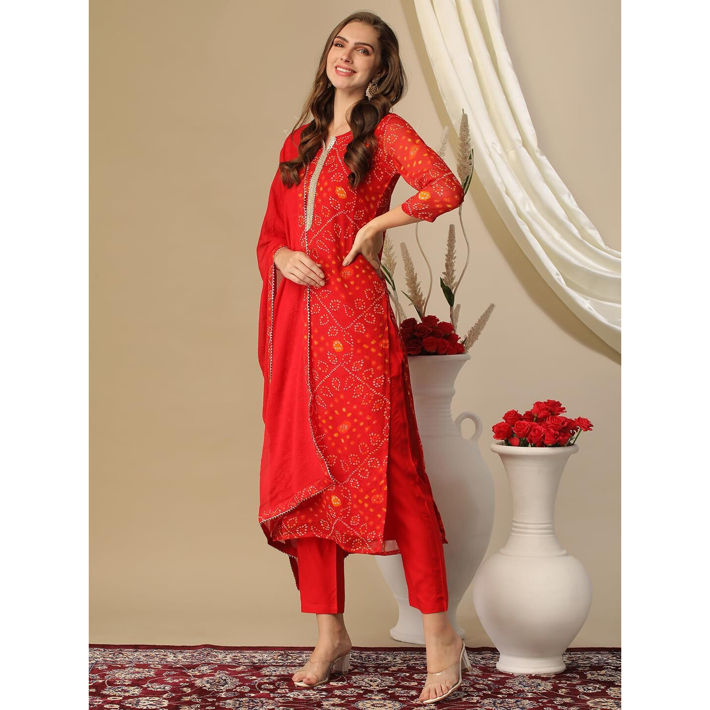 Gosriki Women's Cotton Blend Bandhani Printed Straight Kurta With Pant & Dupatta (Turae-Red-Nw-Gs_M_Red_Medium)