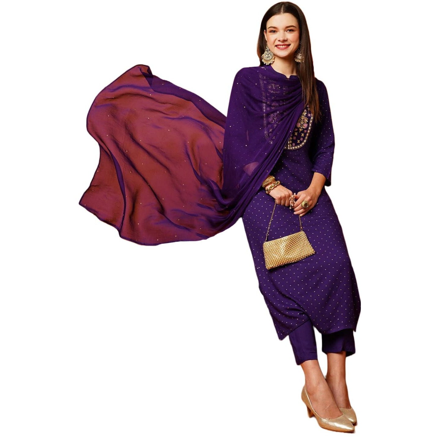 Gosriki Women's Cotton Blend Straight Printed Kurta With Pant & Dupatta (Raji-Begani-Nw-Gs_S_Violet_Small)