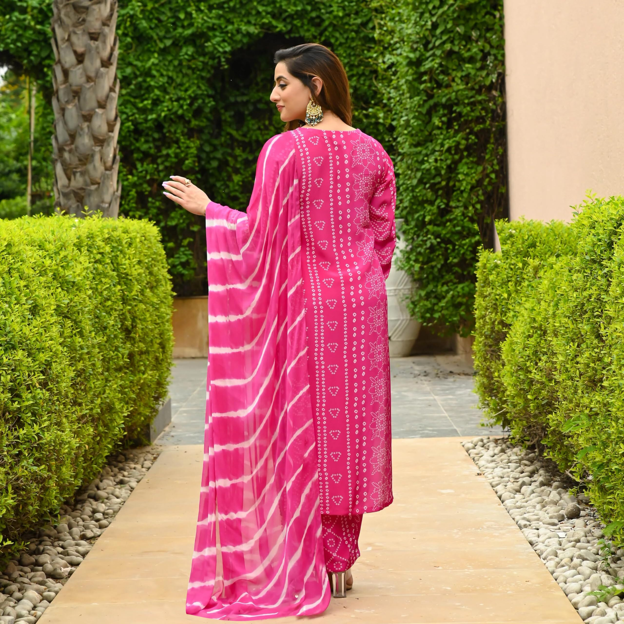 Gosriki Women's Rayon Blend Straight Bandhej Printed Kurta With Pant & Dupatta (Baghira Pink-Gs_M_Pink_Medium)