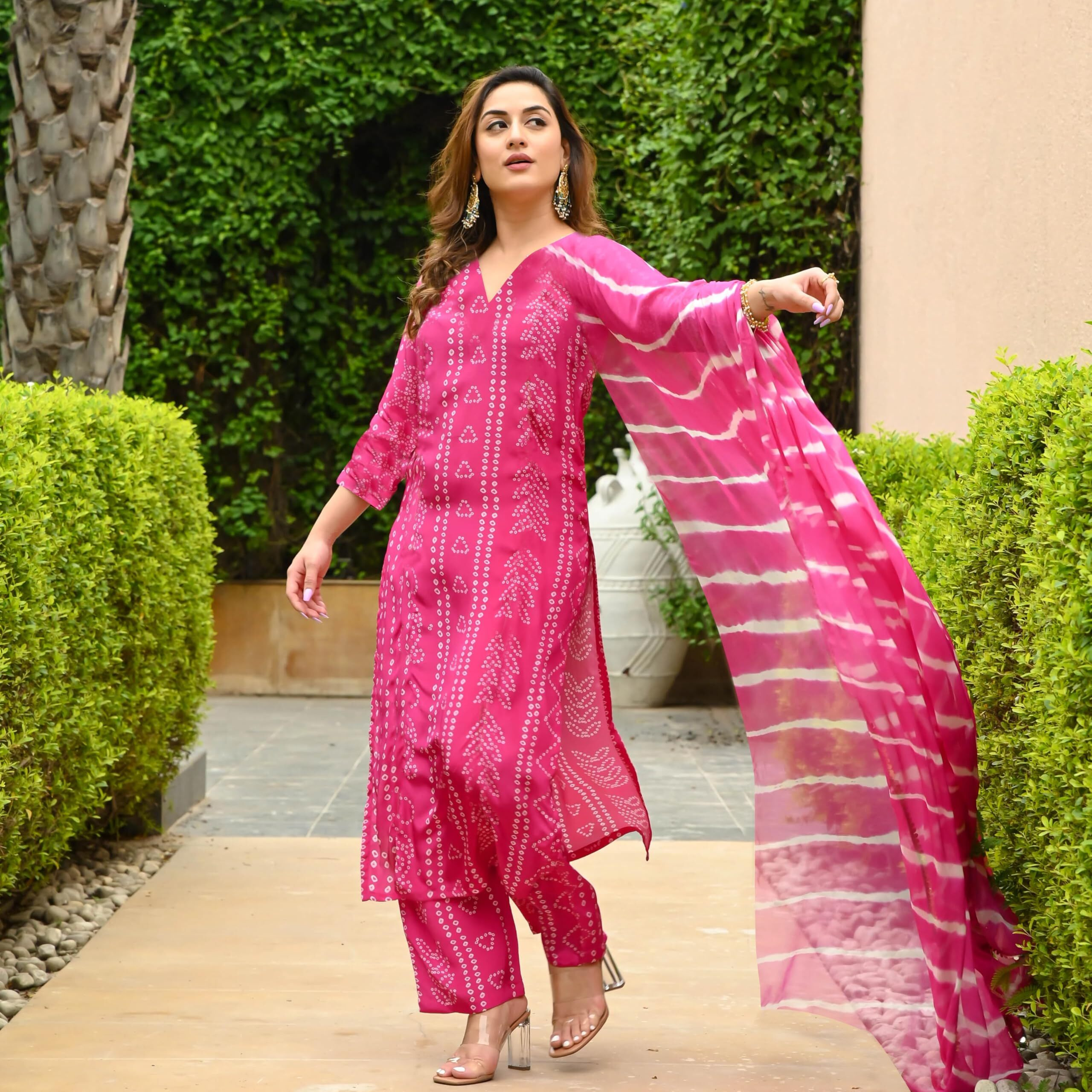 Gosriki Women's Rayon Blend Straight Bandhej Printed Kurta With Pant & Dupatta (Baghira Pink-Gs_M_Pink_Medium)