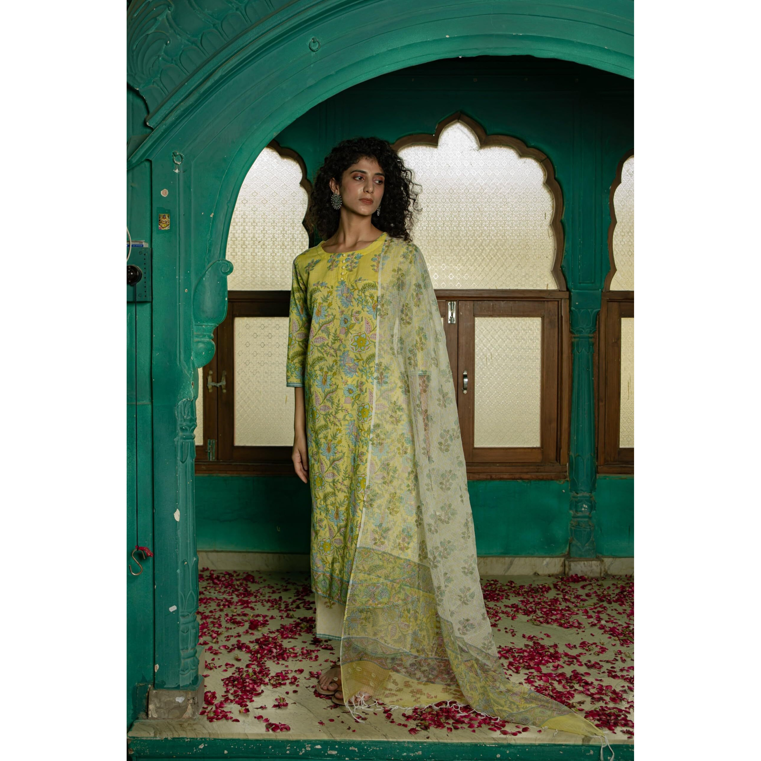 Gosriki Women's Rayon Blend Straight Printed Kurta With Pant & Dupatta (Ribas Green-Gs_Xxl_Green_Xx-Large)