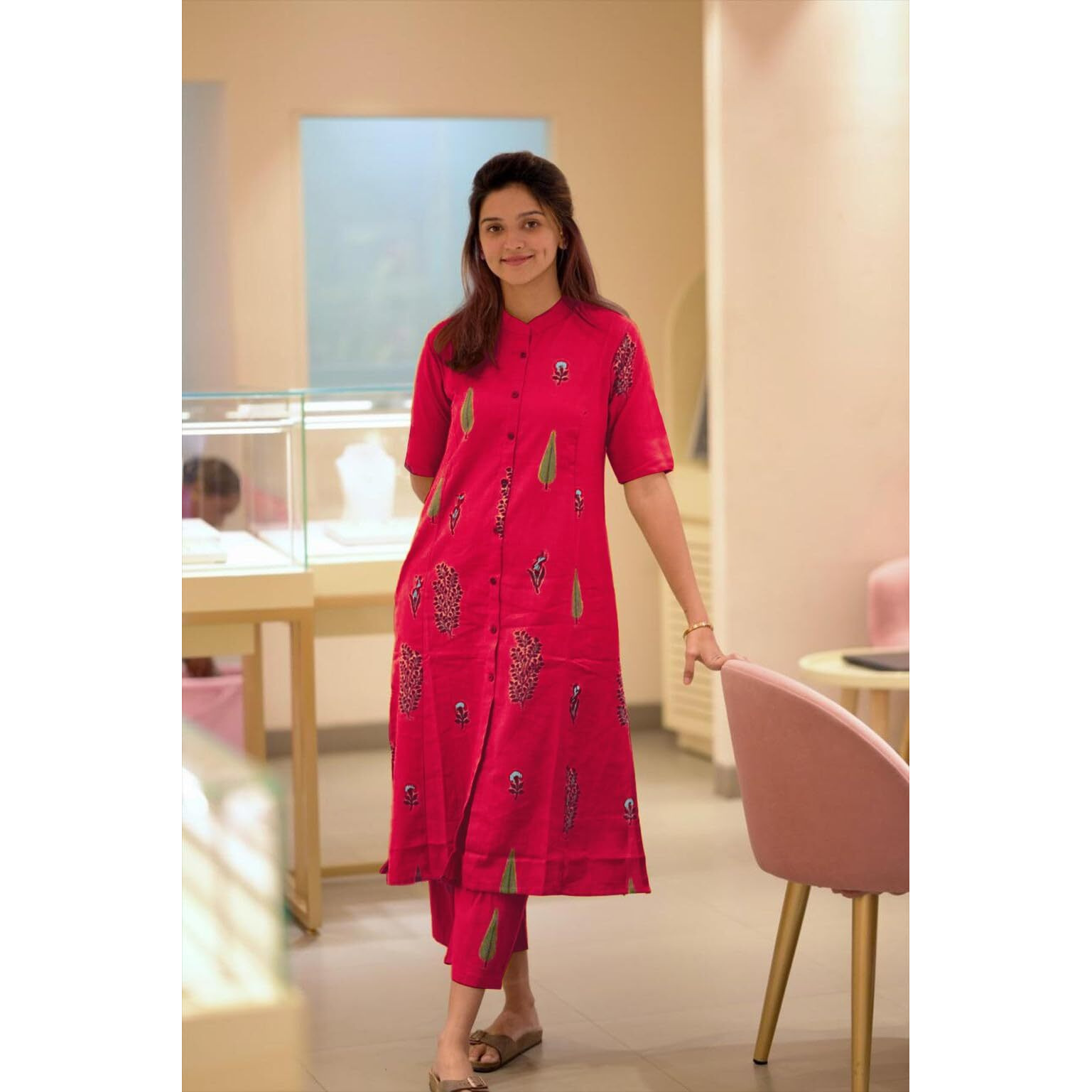 Gosriki Women's Rayon Viscose Straight Printed Kurta With Pant (Barkat Pink-Gs_Xxl_Pink_Xx-Large)