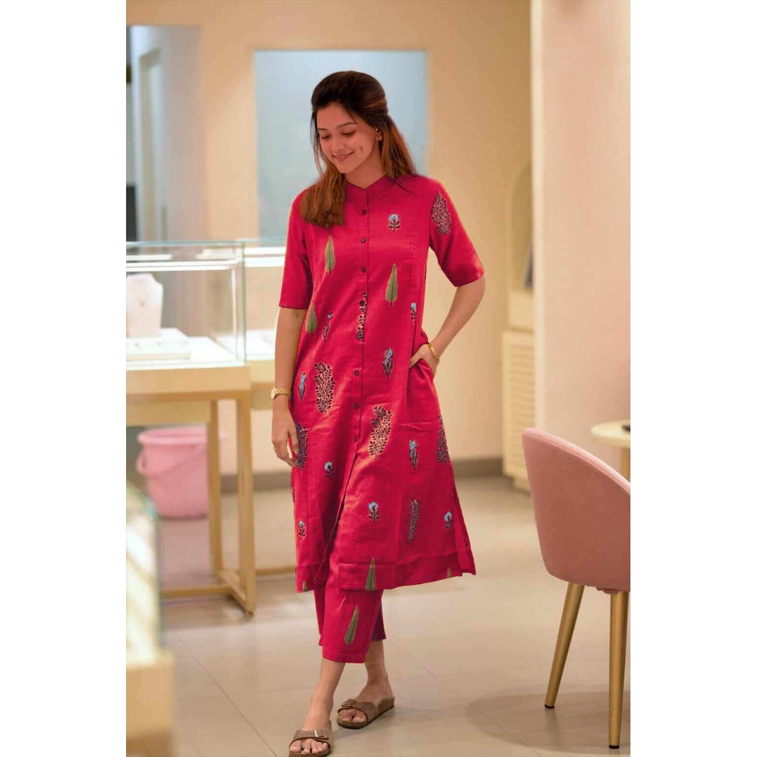 Gosriki Women's Rayon Viscose Straight Printed Kurta With Pant (Barkat Pink-Gs_L_Pink_Large)