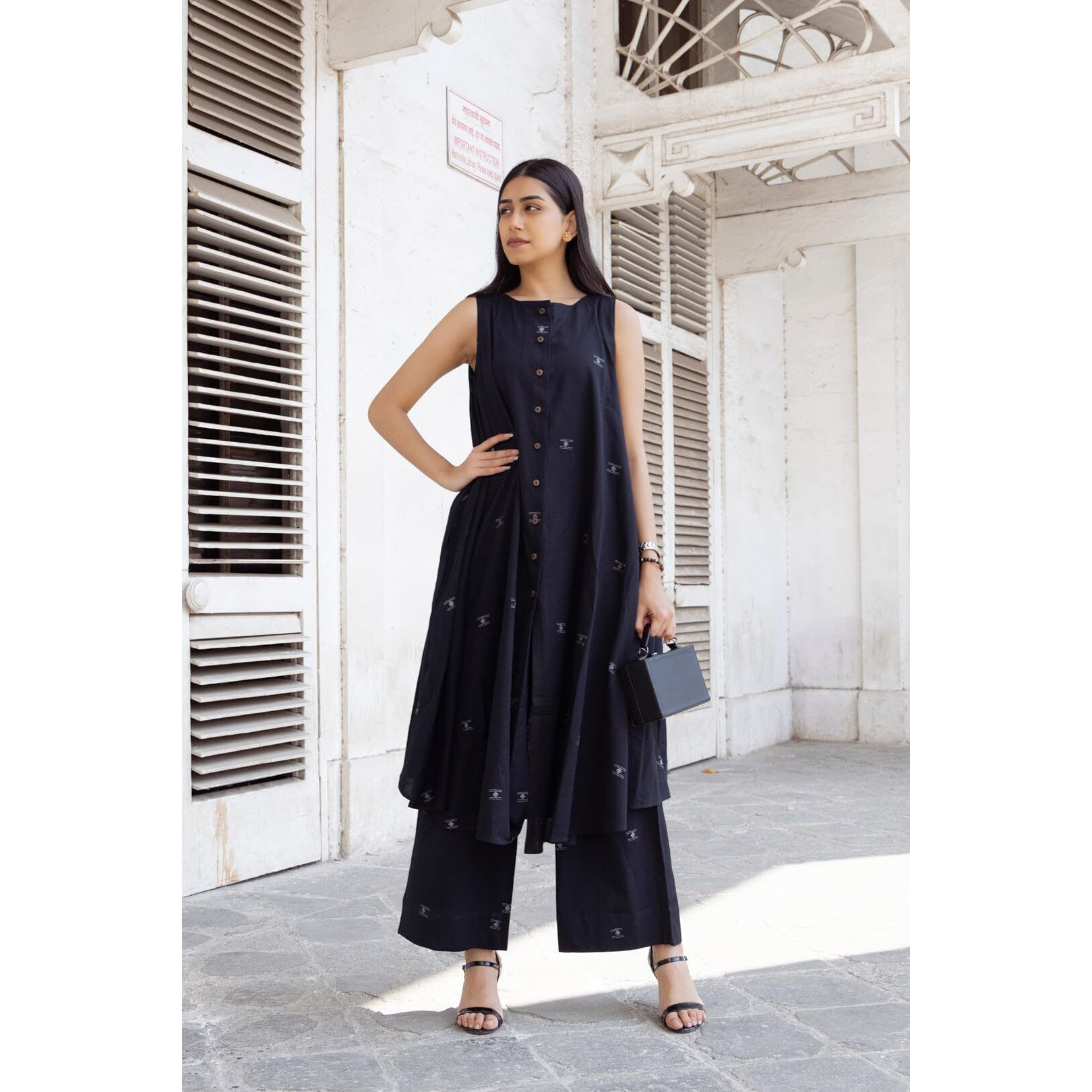 Gosriki Women's Rayon Viscose A-Line Printed Kurta With Palazzo (Rawana Black-Gs_M_Black_Medium)
