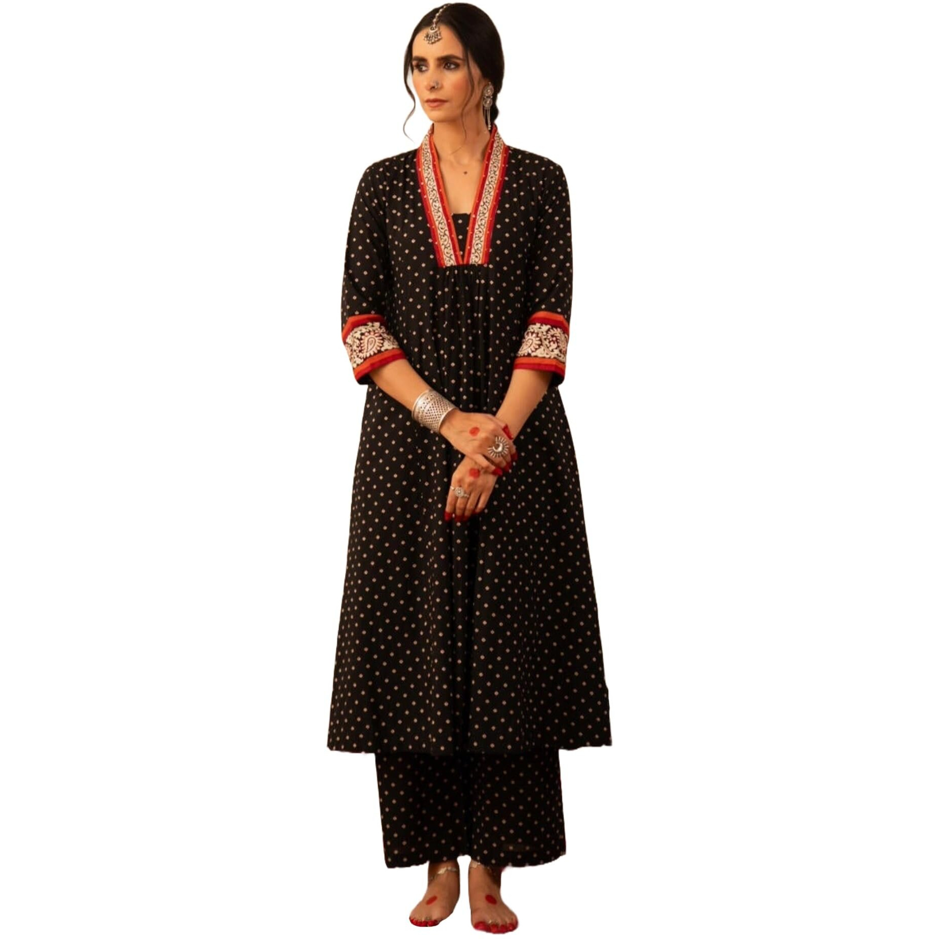 Gosriki Women's Rayon Blend Anarkali Printed Kurta With Pant (Karidos Black-Vks01-Gs_M_Black_Medium)