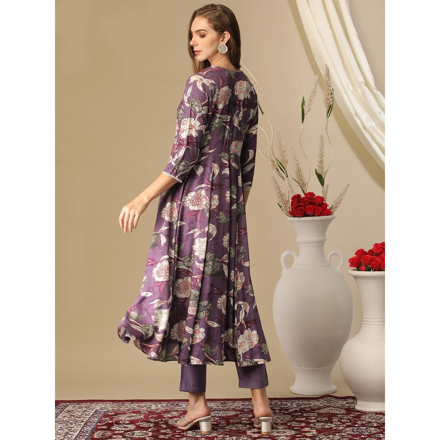 Gosriki Women's Cotton Blend Anarkali Printed Kurta With Pant (Damian Purple-Gs_Xl_Wine_X-Large)