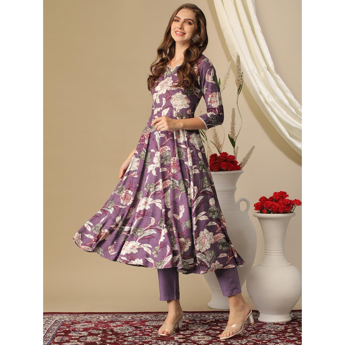 Gosriki Women's Cotton Blend Anarkali Printed Kurta With Pant (Damian Purple-Gs_Xl_Wine_X-Large)
